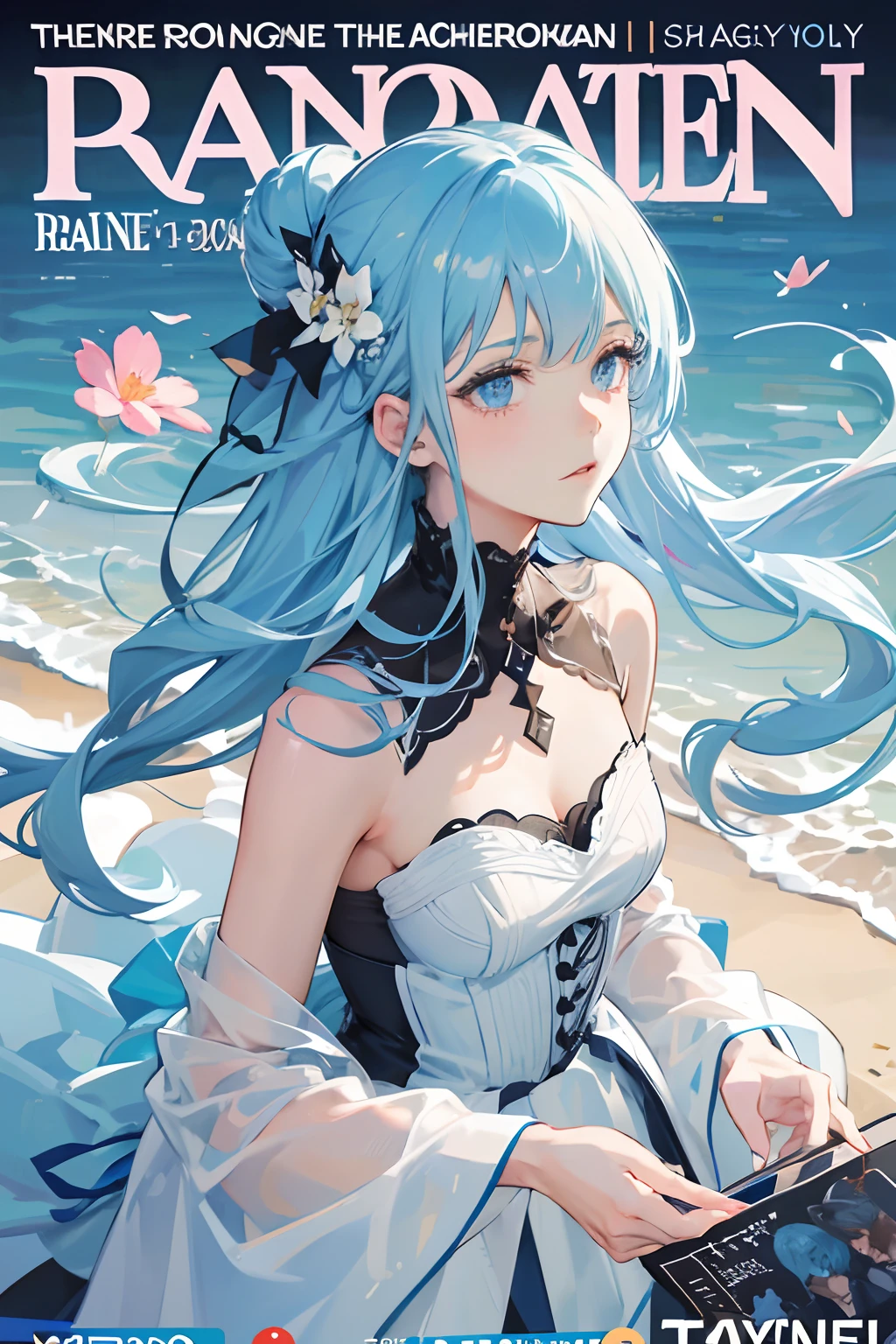 (masuter piece,Best Quality,Ultra-detailed), (A detailed face), 1girl in, (front-facing view), Light blue hair, Blue eyes, Floral hair ornament, flat-chest,(Beautiful Detail Eye: 1.1), (Detailed hand), (Detail light: 1.1), Film Light, Skin type, (looking at the viewers), (magazine:1.3), (cover-style:1.3),a closeup,portlate,Vivid tones,majutsu