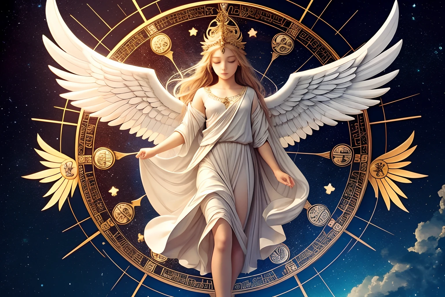 A heavenly angel surrounded by the 12 symbols of the signs of the zodiac, Each of them shining with a unique and special light that connects to the corresponding angel.