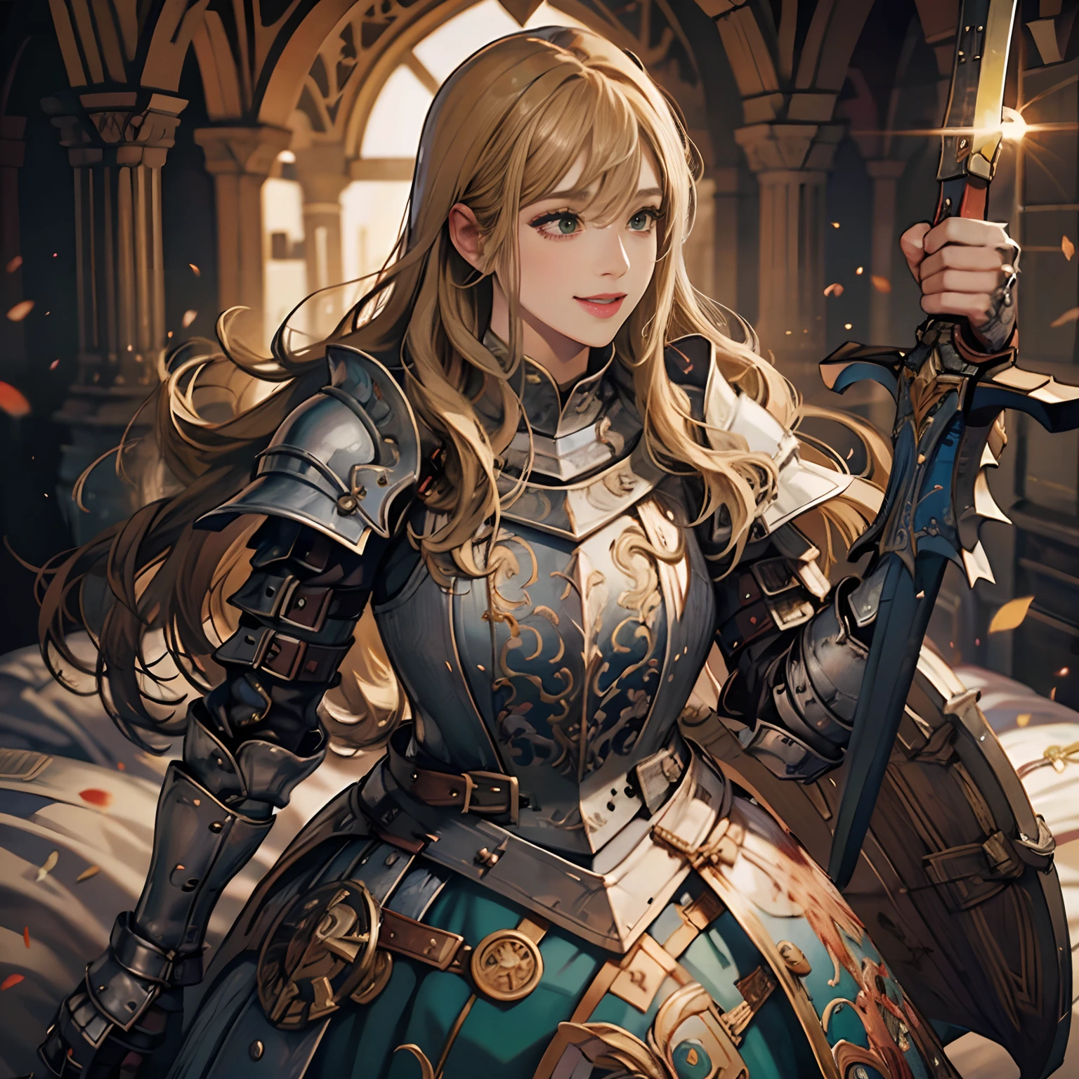 Women in Their 20s、fantasy worlds、offcial art, unity 8k wall paper, ultra-detailliert, beautifly、Aesthetic, masterpiece, top-quality, Photorealsitic、detailed costume、depth of fields, Fantastic atmosphere, Calm palette, tranquil mood, Soft shading、plump figure、Soft skin、large full breasts、Happy smile、Woman knight:1.5、Female knight、Dark green eyes、a blond、Has a very large sword and shield、Don't let the guy in:2.0、There is no man:2.0、Women、claymore