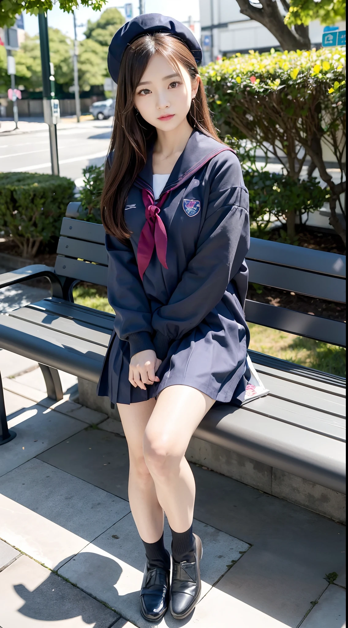 mix4, (16 K, Raw photography, Top image quality, masterpiece: 1.45), (realisitic, Photorealsitic: 1.37), one girls, 7.5, etc、Standing figure,cute little, A city scape,, profetional lighting, photon maping, Cityscape with street trees, physically-based renderingt, Gradient dark brown hair,, a handsome, Well-groomed and beautiful eyes、Large double eyelids、Very shiny、girl with, (((student clothes、Long sleeve sailor suit worn by Japan schoolgirl、red cuffs、Dark blue over-the-knee skirt, Gray beret、Dark blue knee-high socks、Black loafers))), Top Quality Photos, hight resolution, 1080p, (clearface), (Detailed face description), (Detailed hand description), (masterpiece), (Exquisite CG)、extreme light and shadows、dishevled hair、master work、abundant detail、(Fine facial features)、(top quality photo)、(masuter piece)、(A detailed eye)、Look in front of you、Fine clavicle、((Slender big))、(((Japan schoolgirl in long-sleeved sailor suit)))、((Sexy Idol System))、((Boulevard with street trees、Bus stop、timetable、Benches))、(Shooting from random perspectives)、(((Anyway cute)))、耳Nipple Ring、A big smile、Drawing the whole body from the knees、Do not draw nasolabial folds、(((shopping bags)))、(Big breasts that hang down big:0.7)、Big buttocks with tension、Two arms and two legs、(((from the front side:0.5)))、bare hand、
