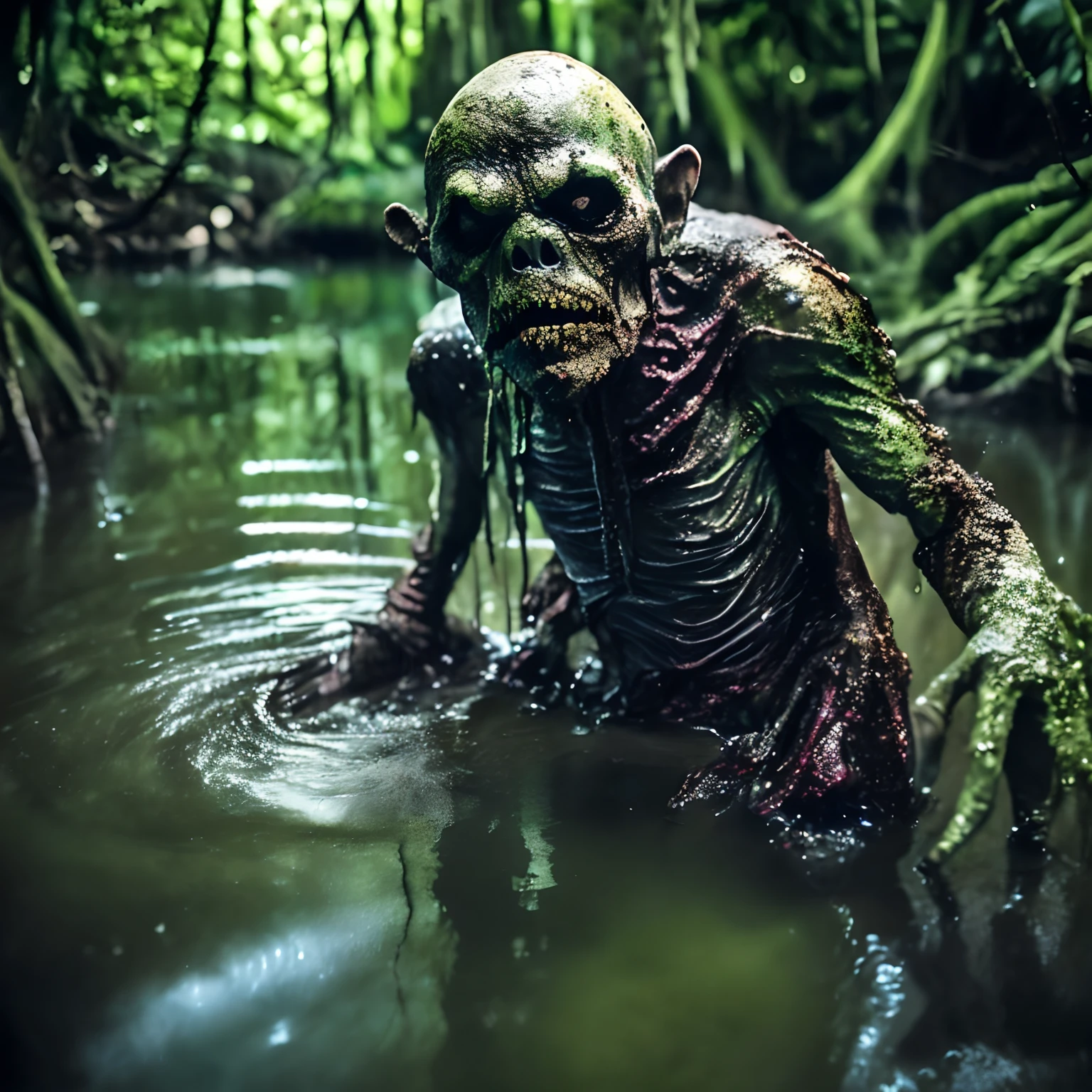 medium shot photography putrid goey slimy covered king orc, sub surface scattering, shiny slimy skin, in a moon lit swamp, sharp focus