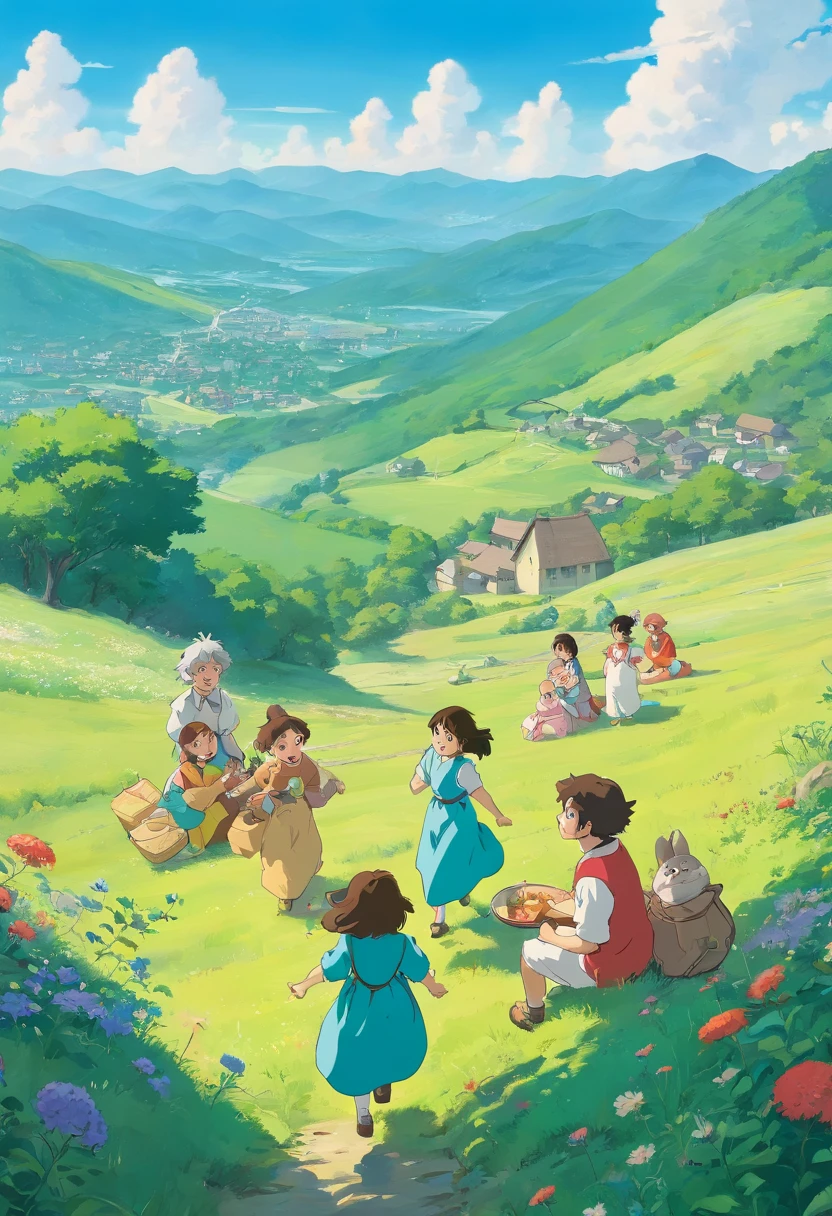 The wind blows in the mountains,夏天,Sun,hilltop,Family picnic