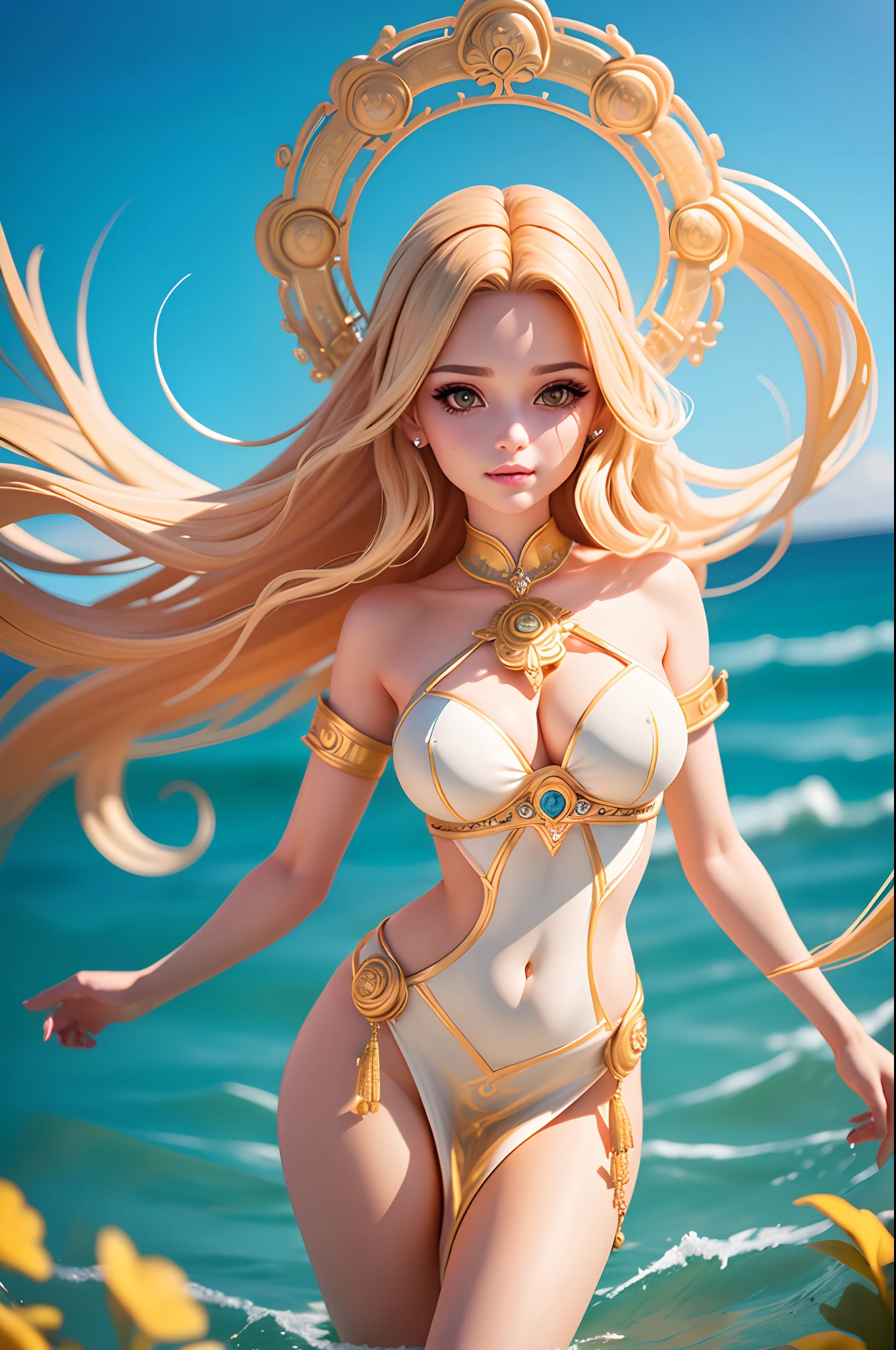 ( High quality , ultra detailed, careful with hand )Zodiac - Gemini goddess , similar to latin goodness , twin goddess , Curious, skillful, humorous, seductive, imaginative face , Sometimes impractical, restless, nervous, careless style , light brown eyes , light blonde hair , transparent dress , in the ocean with wind , whole body , flirty make up look