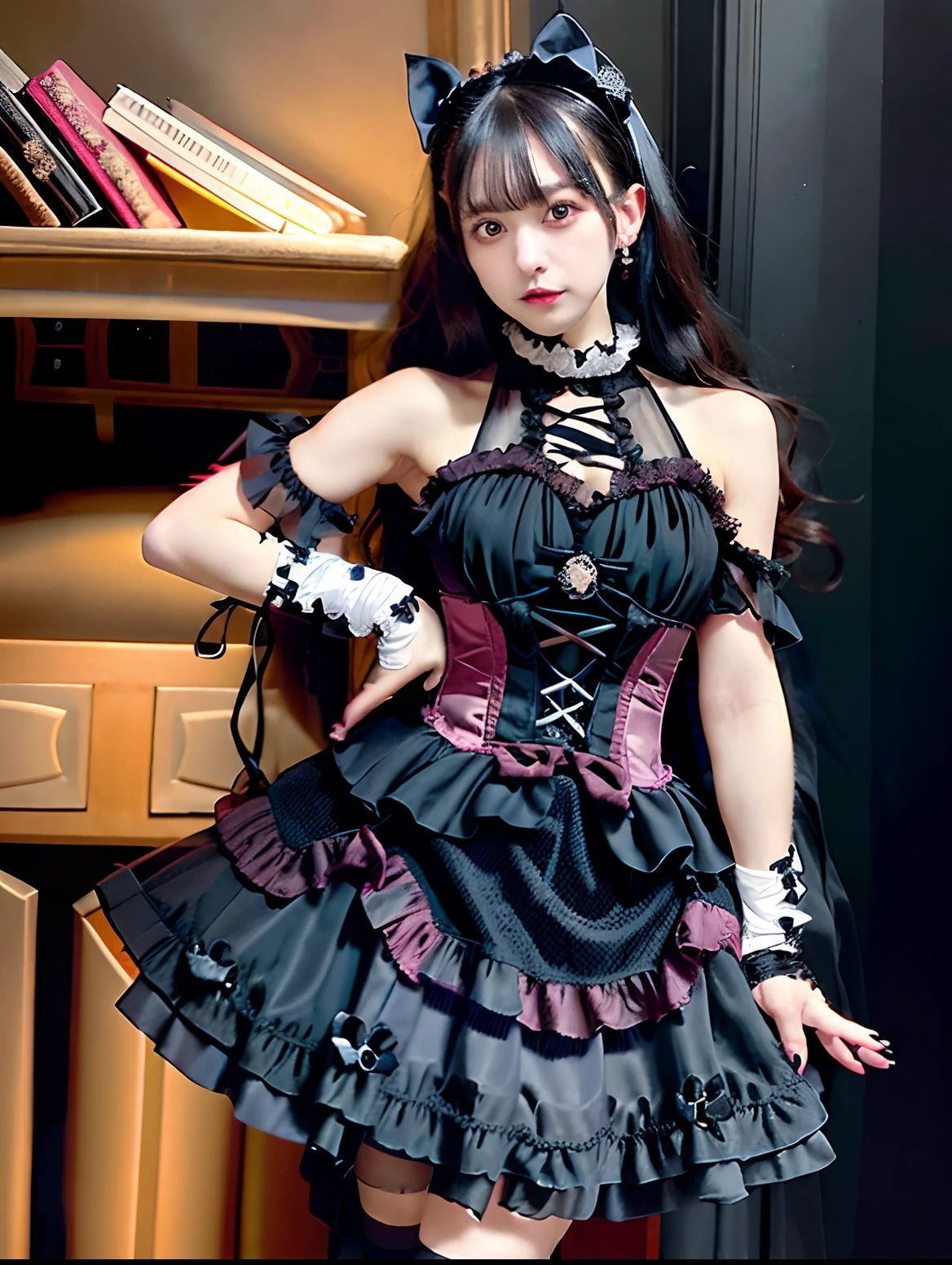 Alafe in black and pink dress and black gloves, black gothic ta dress, victorian gothic loliashion, Lolita s, Lolita Fashian elegant gothic princess, Gothic Maiden anime girl, elegant corset, wearing a gothic dress, frilly outfit, portrait of the magical Lolita girl, witlothing, gothic outfit, fantasy outfit, Gothic clothes, Gothic clothing