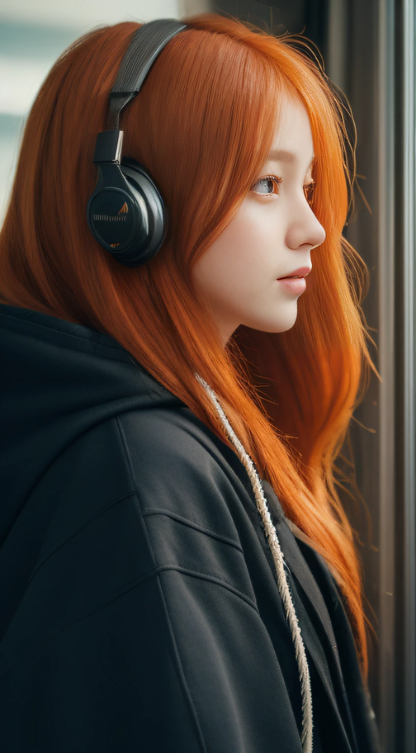 (masterpiece, sidelighting, ultra-detailed, finely detailed beautiful eyes: 1.2), 1girl, bag, building, from side, headphones, hood, hood down, hooded jacket, hoodie, jacket, long hair, orange hair, profile, red hair, solo, train, train interior, upper body, Masterpiece, best quality