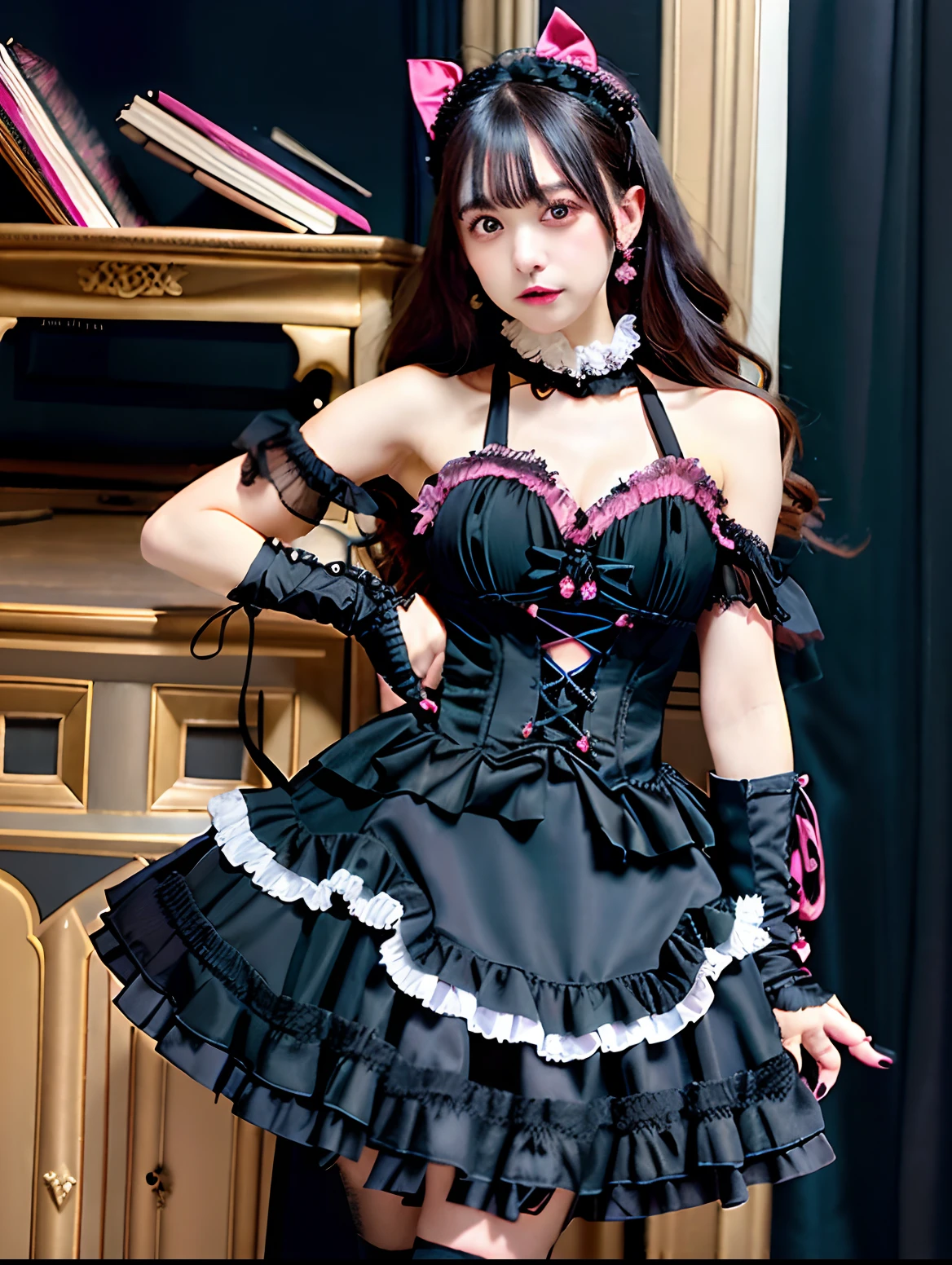 Alafe in black and pink dress and black gloves, black gothic lolita dress, victorian gothic lolita fashion, Lolita style, Lolita Fashion, an elegant gothic princess, Gothic Maiden anime girl, elegant corset, wearing a gothic dress, frilly outfit, portrait of the magical Lolita girl, witch clothing, gothic outfit, fantasy outfit, Gothic clothes, Gothic clothing