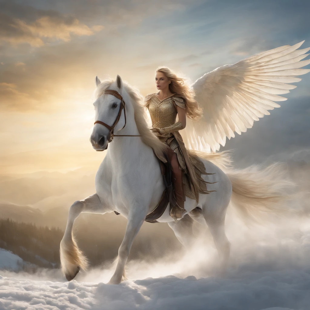 The image shows a determined queen of elves riding atop a magnificent white winged stallion through the bright, white sky. The queen's long, flowing hair glows in the sunlight as she utilizes her incredible power to shape flames with her bare hands. The stallion's wings stretch out majestically behind them as they soar through the clouds, leaving a trail of white mist in their wake. The overall effect is one of strength, power, and magic, as the queen confidently and fearlessly rides through the sky, reigning over her kingdom of elves below.