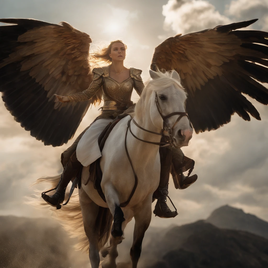 The image shows a determined queen of elves riding atop a magnificent white winged stallion through the bright, white sky. The queen's long, flowing hair glows in the sunlight as she utilizes her incredible power to shape flames with her bare hands. The stallion's wings stretch out majestically behind them as they soar through the clouds, leaving a trail of white mist in their wake. The overall effect is one of strength, power, and magic, as the queen confidently and fearlessly rides through the sky, reigning over her kingdom of elves below.