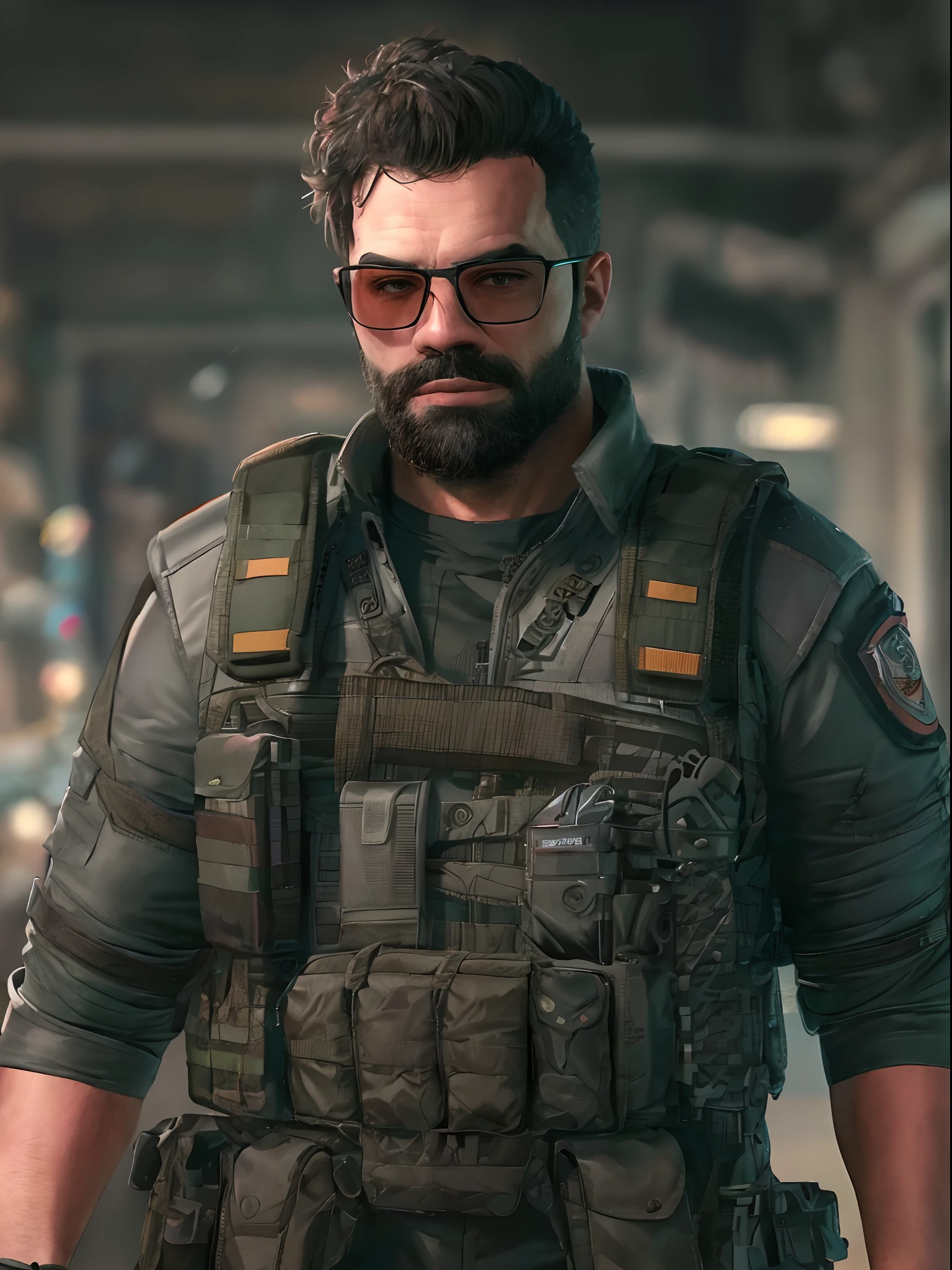 4k UHD High Detail Gross Cinematic Art ((parte superior do corpo)) uma pintura de 1homem, solo, beard and spiked headglasses, inspirado em Resident Evil, vestido como CSGO;, Contra-ataque: OFENSIVA GLOBAL, Costumes and accessories. Esta obra-prima deve ser renderizada em 3D com qualidade excepcional, Achieving an 8K resolution and emphasizing intricate detail, must be in a hero's pose, segurando uma granada, and wearing a military vest and glasses with minute detail. Image composition should be centered, highlighting the character's expression and wealth of detail. Adicionalmente, Consider creating this art as high-resolution art (8k) illustration suitable for Telegram stickers, mantendo os requisitos de design do Telegram em mente. This stunning depiction of a Resident Evil male in a cinematic style will meet the highest standards of quality and detail ((Pivalora))