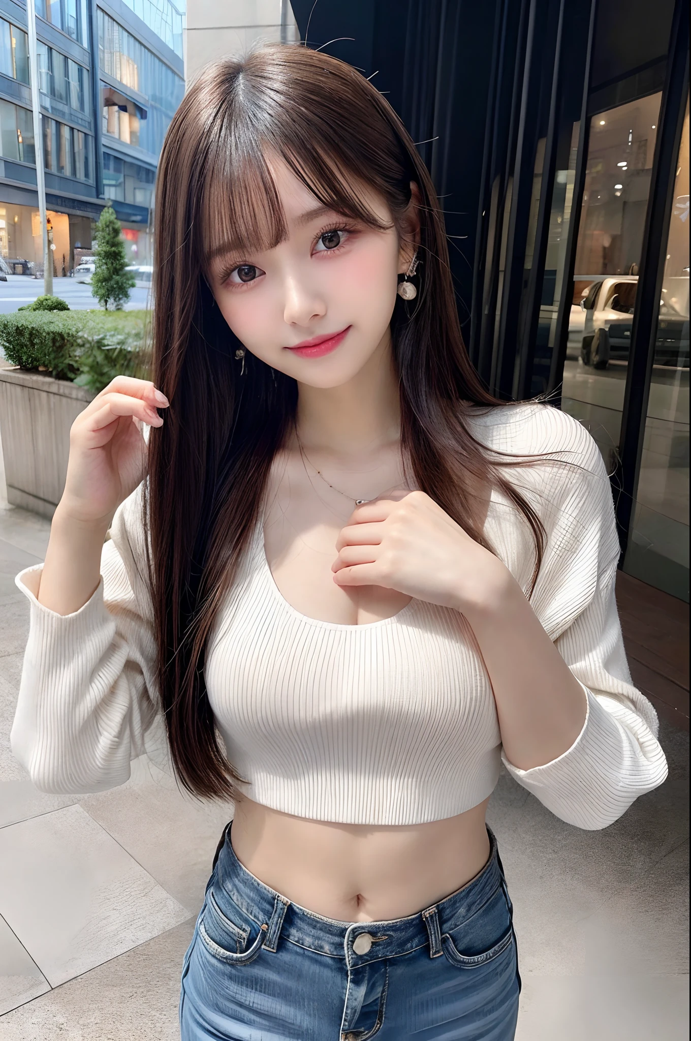 full body Esbian,Many piercings,bangss,top-quality,ultra-detailliert,masterpiece,realisitic,Photo Real,Bright lighting,1 girl in, (kawaii:1.2),Thin smile, (Brown eyes),(bangss),perfect glossy skin,flawless skin,large full breasts,((accurate hands without incongruity)), big breasts thin waist, Look at viewers,full body Esbian,knit,Skinny Jeans,Eye lashes,dual,17 years old girl,a baby face,Straight hair,