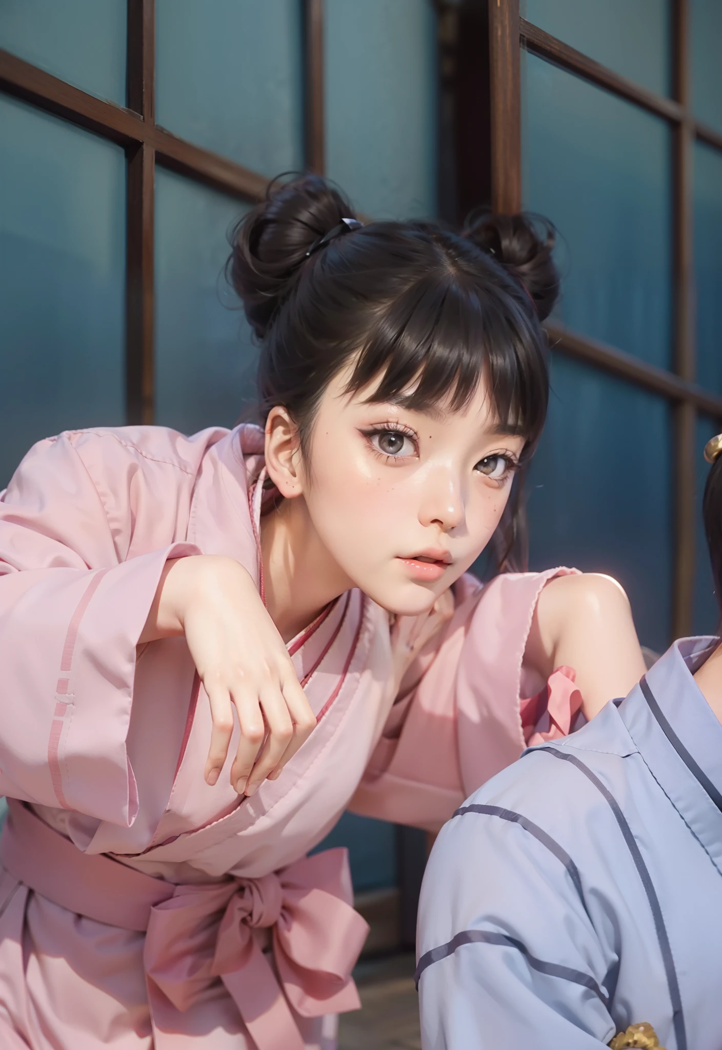 Real life adaption of this character,her name is tenten from anime Naruto,hyper realistic,realistic pink kimono with ribbon belt around her waist,chinese  beauty face,realistic light,realistic shadow,realism,realistic hair with Bangs cut neatly,(photorealistic:1.2)