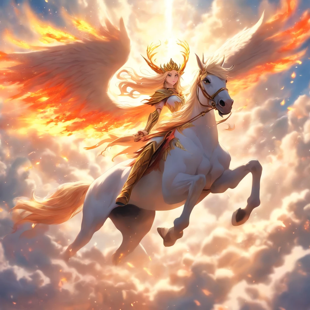 The image shows a determined queen of elves riding atop a magnificent white winged stallion through the bright, white sky. The queen's long, flowing hair glows in the sunlight as she utilizes her incredible power to shape flames with her bare hands. The stallion's wings stretch out majestically behind them as they soar through the clouds, leaving a trail of white mist in their wake. The overall effect is one of strength, power, and magic, as the queen confidently and fearlessly rides through the sky, reigning over her kingdom of elves below.