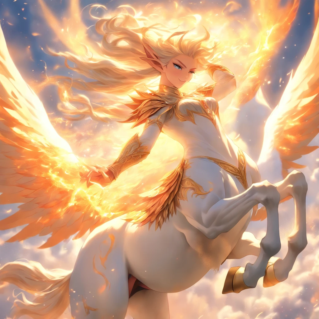 The image shows a determined queen of elves riding atop a magnificent white winged stallion through the bright, white sky. The queen's long, flowing hair glows in the sunlight as she utilizes her incredible power to shape flames with her bare hands. The stallion's wings stretch out majestically behind them as they soar through the clouds, leaving a trail of white mist in their wake. The overall effect is one of strength, power, and magic, as the queen confidently and fearlessly rides through the sky, reigning over her kingdom of elves below.