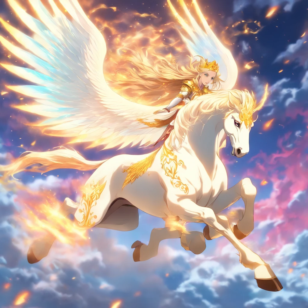 The image shows a determined queen of elves riding atop a magnificent white winged stallion through the bright, white sky. The queen's long, flowing hair glows in the sunlight as she utilizes her incredible power to shape flames with her bare hands. The stallion's wings stretch out majestically behind them as they soar through the clouds, leaving a trail of white mist in their wake. The overall effect is one of strength, power, and magic, as the queen confidently and fearlessly rides through the sky, reigning over her kingdom of elves below.