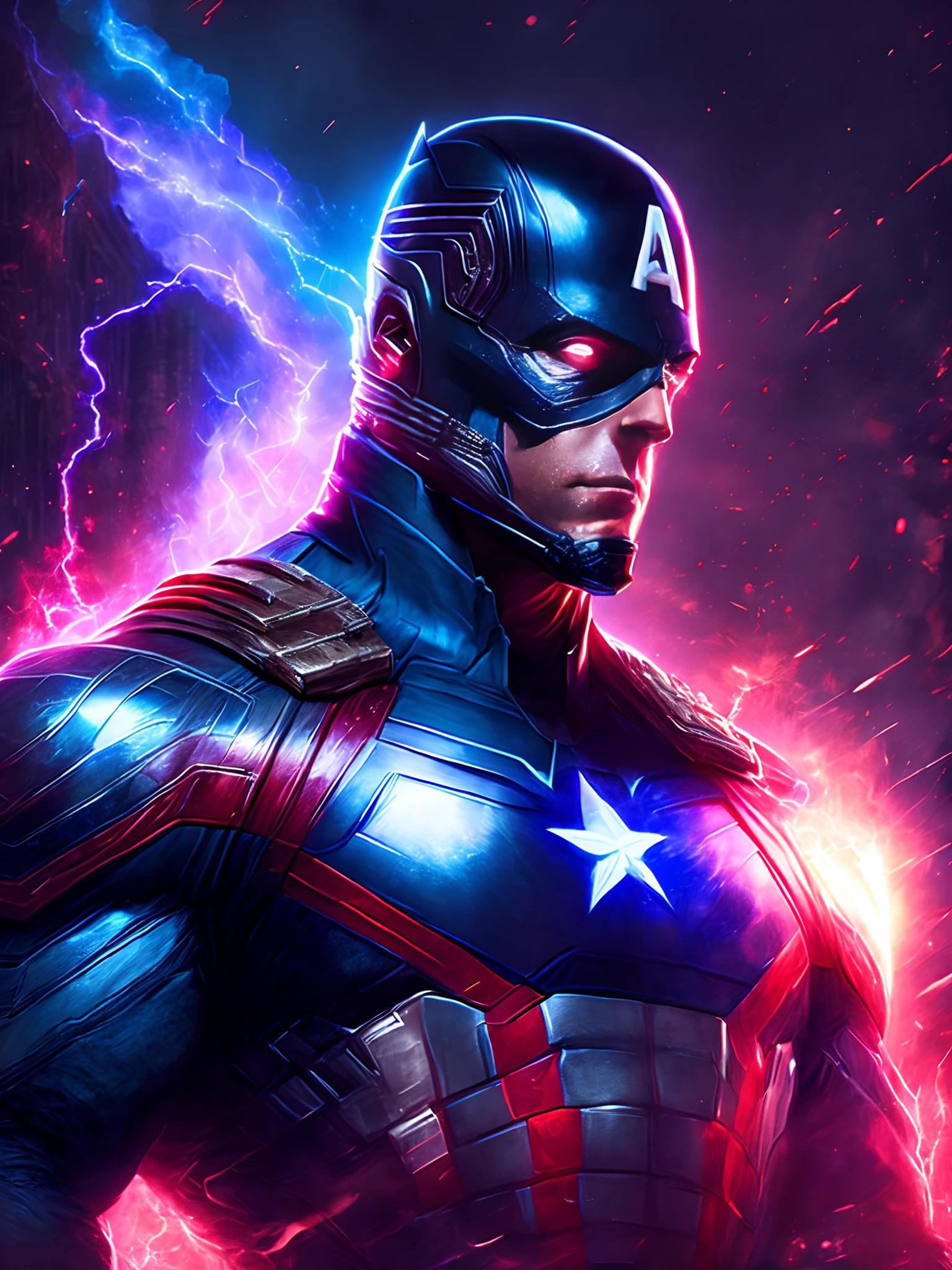Marvel's Dark Portrait of God Captain America, extremamente detalhado, futuristic cityscape, noite, glowing neon lights, smoke billowing, Sparks, Metal shavings, detritos voadores, efeitos da energia vermelha, volumetric light