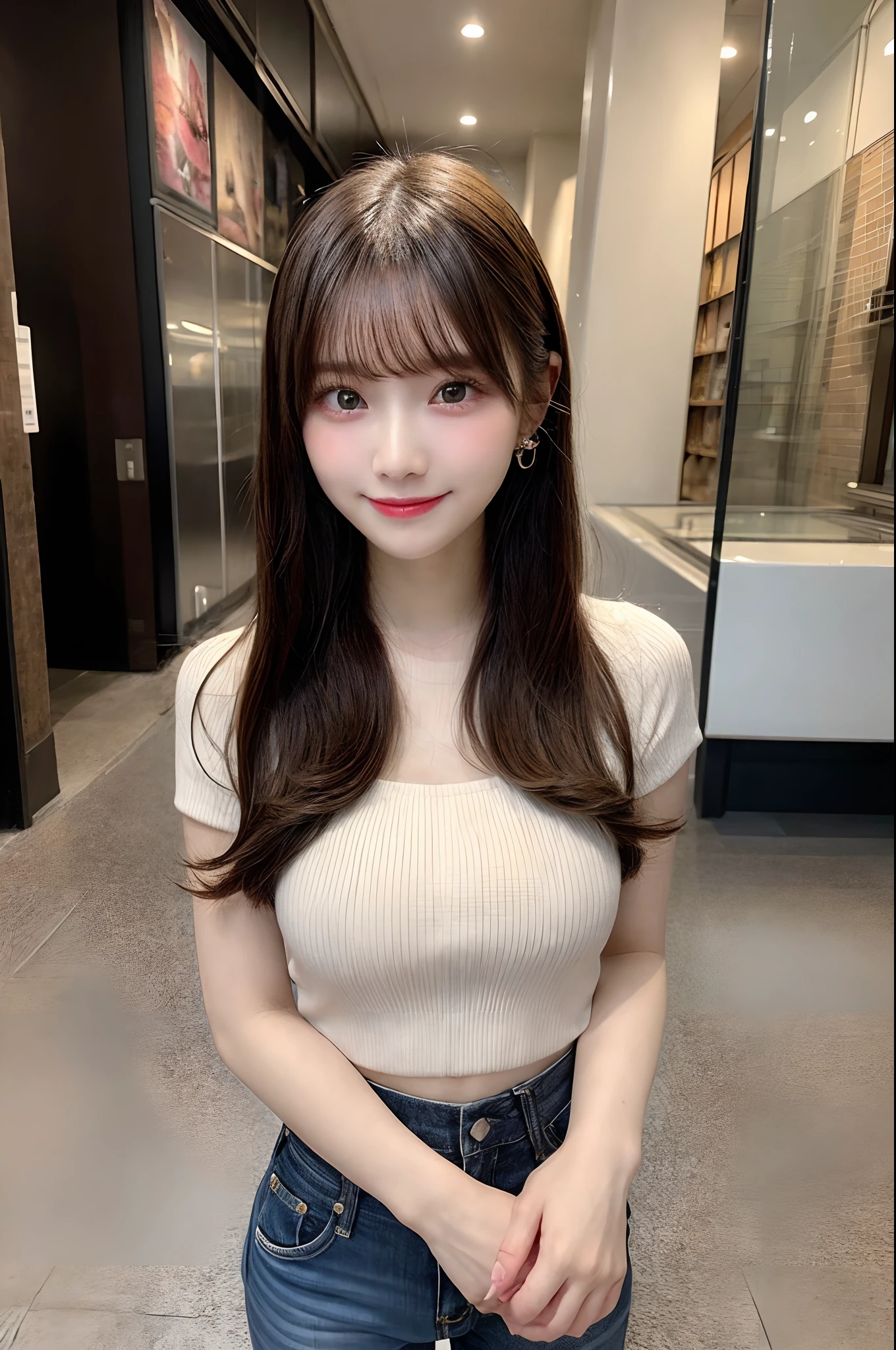 Shopping mall , Highest quality, shape, Very detailed, In detail, High resolution, 8k wallpaper, Perfect dynamic composition, Beautiful details, Natural Lip, Too cute outfit, Big Breasts, , She is smiling in a cute pose.., A masterpiece of the whole body, Side Short
