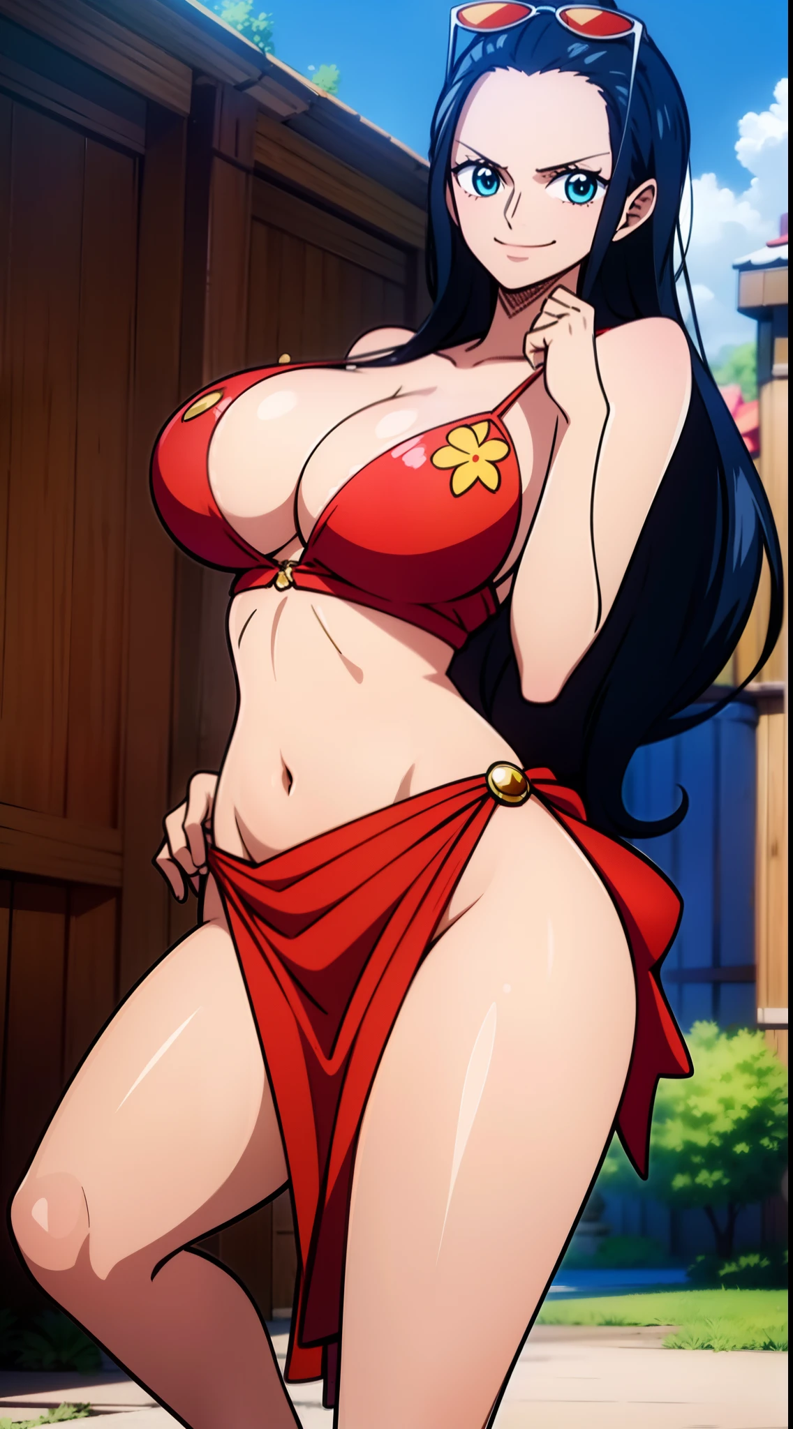 Robin de One Piece, sexy pose, What if , Elly, Red sari, 8k, anime, Shore, Big Boob, large ass, Perfect sexy looks quality blue eyes Nico Robin, 1girl, aqua eyes, Black hair, breasts, cleavage, closed mouth, collared jacket, cowboy shot, crop top, Cropped jacket, Extra hands, eyewear on head, hair slicked back, hand up, High collar, jacket, Big breasts, long  hair, looking at the scenes, midriff, Navel, plunging neckline, posing, sarong, short sleeves, smile, 独奏, Standing, stomach, sunglasses, very long hair, outdoors, sea, Ships high heels legs full body lipstick ponytail
