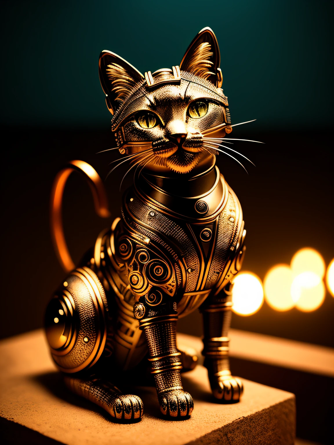 A modern metal kitten made out of copper, (cyborg:1.1), ([tail | detailed wire]:1.3), (intricate details), hdr, (intricate details, hyperdetailed:1.2), cinematic shot, centered