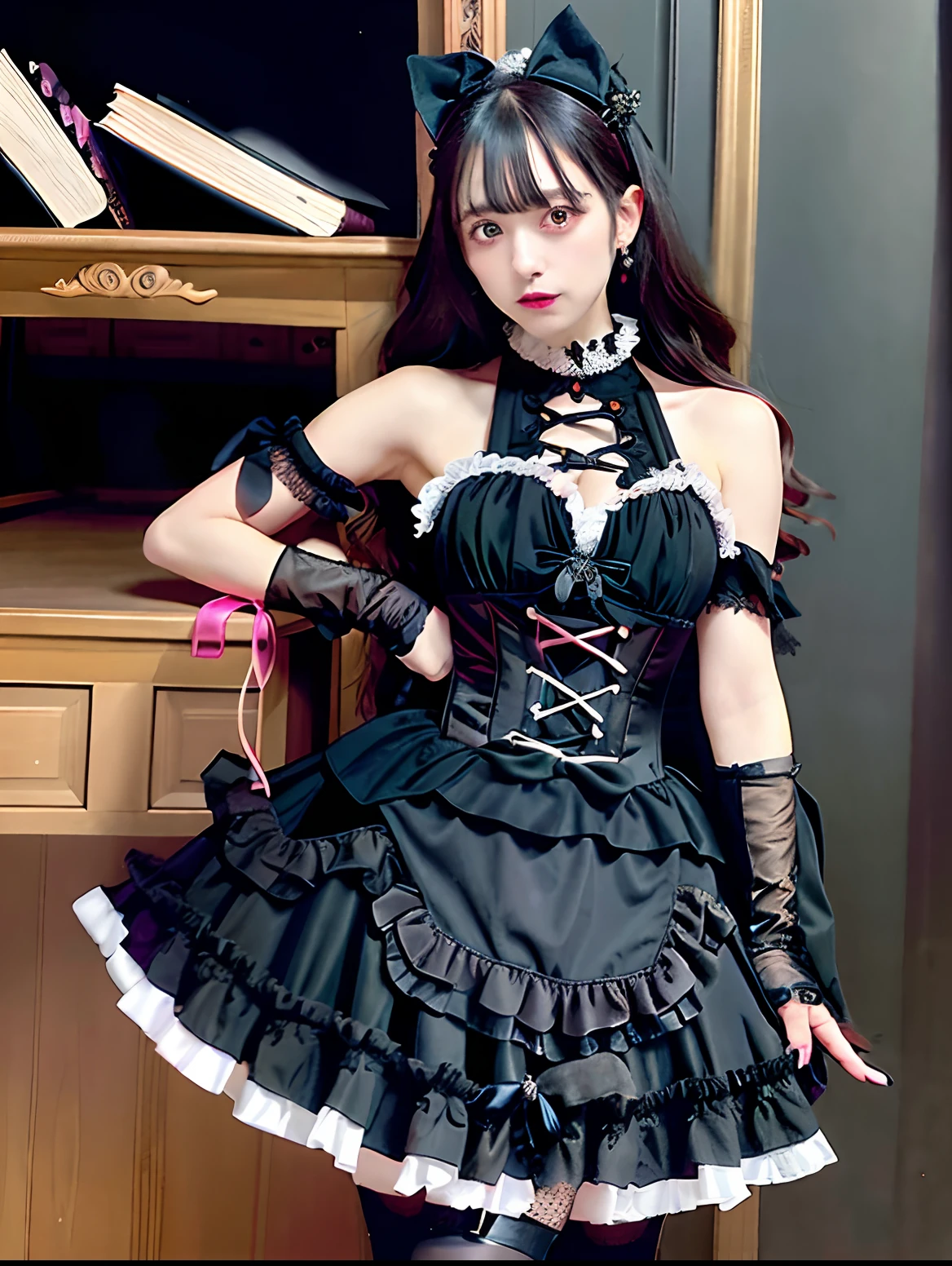 Alafe in black and pink dress and black gloves, black gothic lolita dress, victorian gothic lolita fashion, Lolita style, Lolita Fashion, an elegant gothic princess, Gothic Maiden anime girl, elegant corset, wearing a gothic dress, frilly outfit, portrait of the magical Lolita girl, witch clothing, gothic outfit, fantasy outfit, Gothic clothes, Gothic clothing