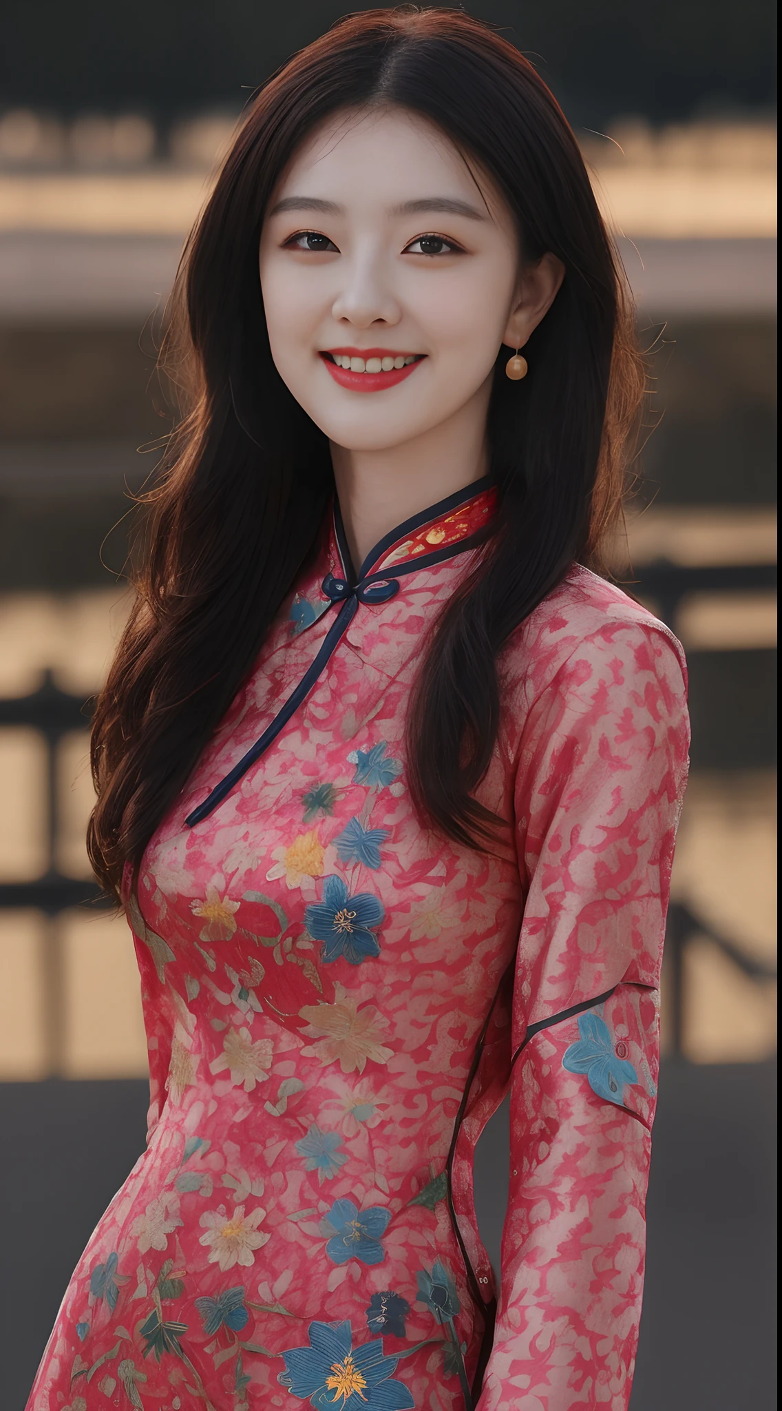 Gorgeous Chinese cheongsam, Republican style, Pink embroidered cheongsam, ChineseGirl, 1girll, （18yr old），mid hair, Black hair, curly_Hair，Wear high heels，standing on your feet，in fall, Sunset, Golden hour lighting, Background bokeh，beautiful night scene, Beautiful detailed eyes, Light smile, Brown eyes, Medium breasts, Masterpiece, Best quality，8K，super detailing，ultra-detailliert，Light and shadow tracking