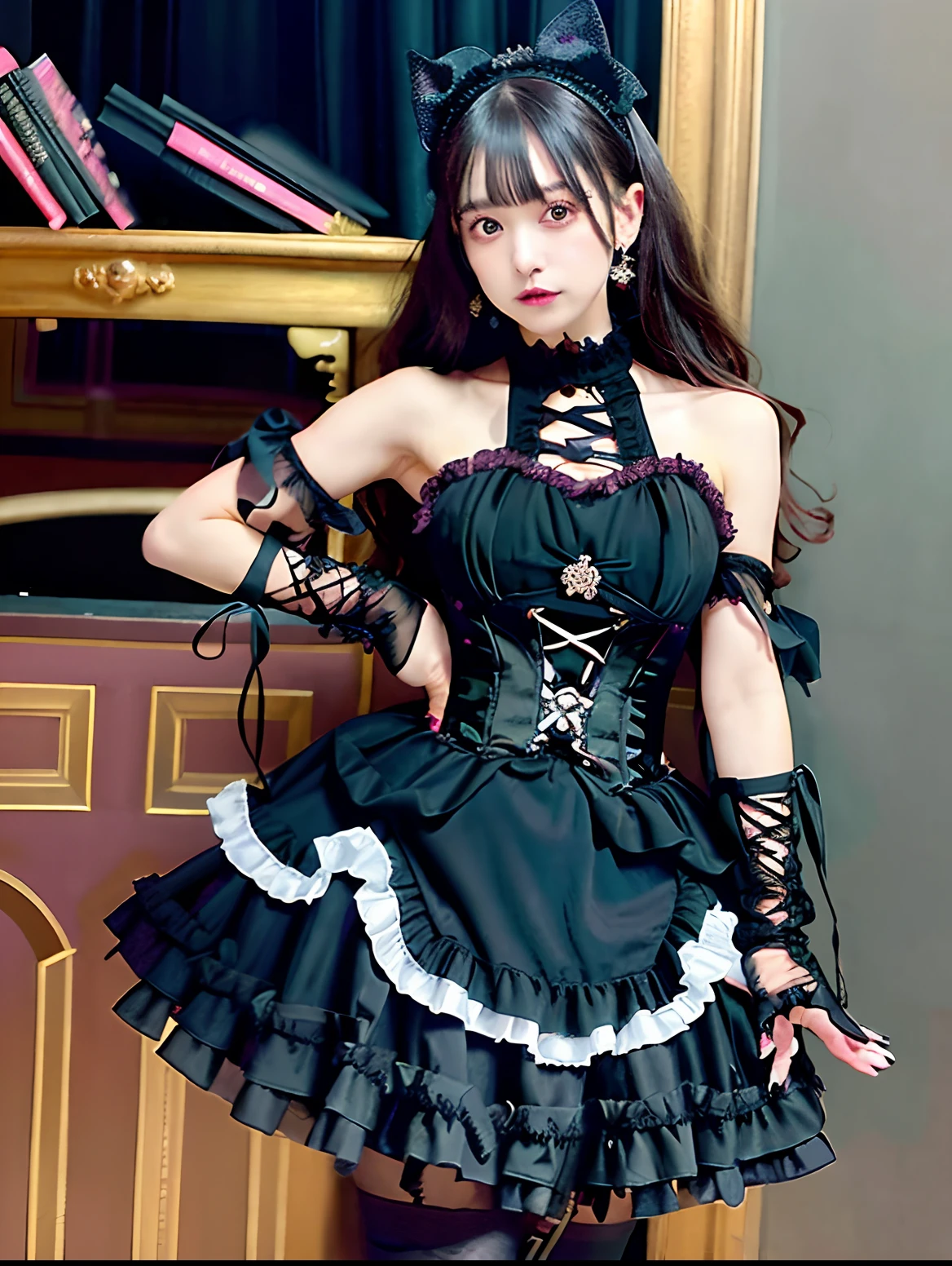 Alafe in black and pink dress and black gloves, black gothic ta dress, victorian gothic loliashion, Lolita s, Lolita Fashian elegant gothic princess, Gothic Maiden anime girl, elegant corset, wearing a gothic dress, frilly outfit, portrait of the magical Lolita girl, witlothing, gothic outfit, fantasy outfit, Gothic clothes, Gothic clothing