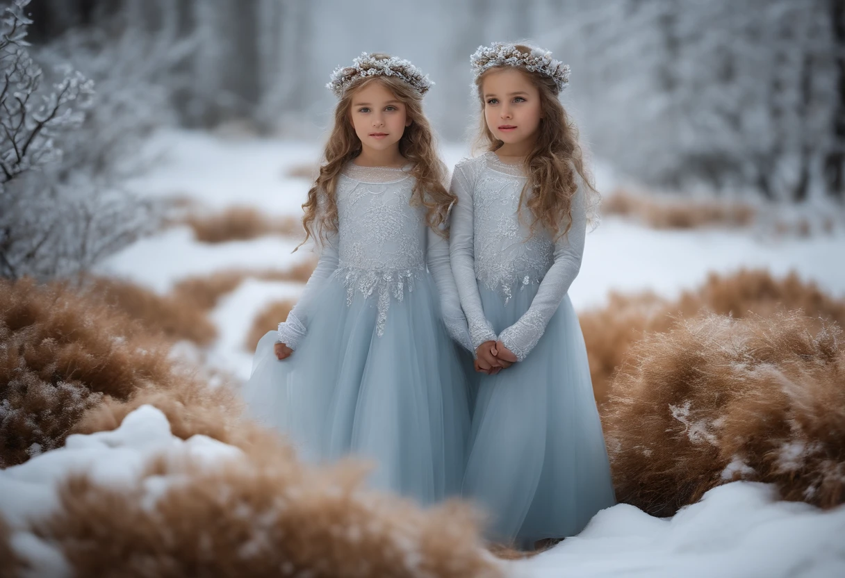 8-YEAR-OLD IDENTICAL TWINS WINTER PRINCESSES, USANDO VESTIDOS BLANCOS DE PRINCESAS, invierno, Nevando, Naturaleza, RODEADO DE OERRO NEGRO, 8k, Pintura mate detallada, color profundo, fantastical, Detalles intrincados, splashscreen, colores complementarios, fantasy concept art, 8k resolution trending on Artstation Unreal Engine 5"