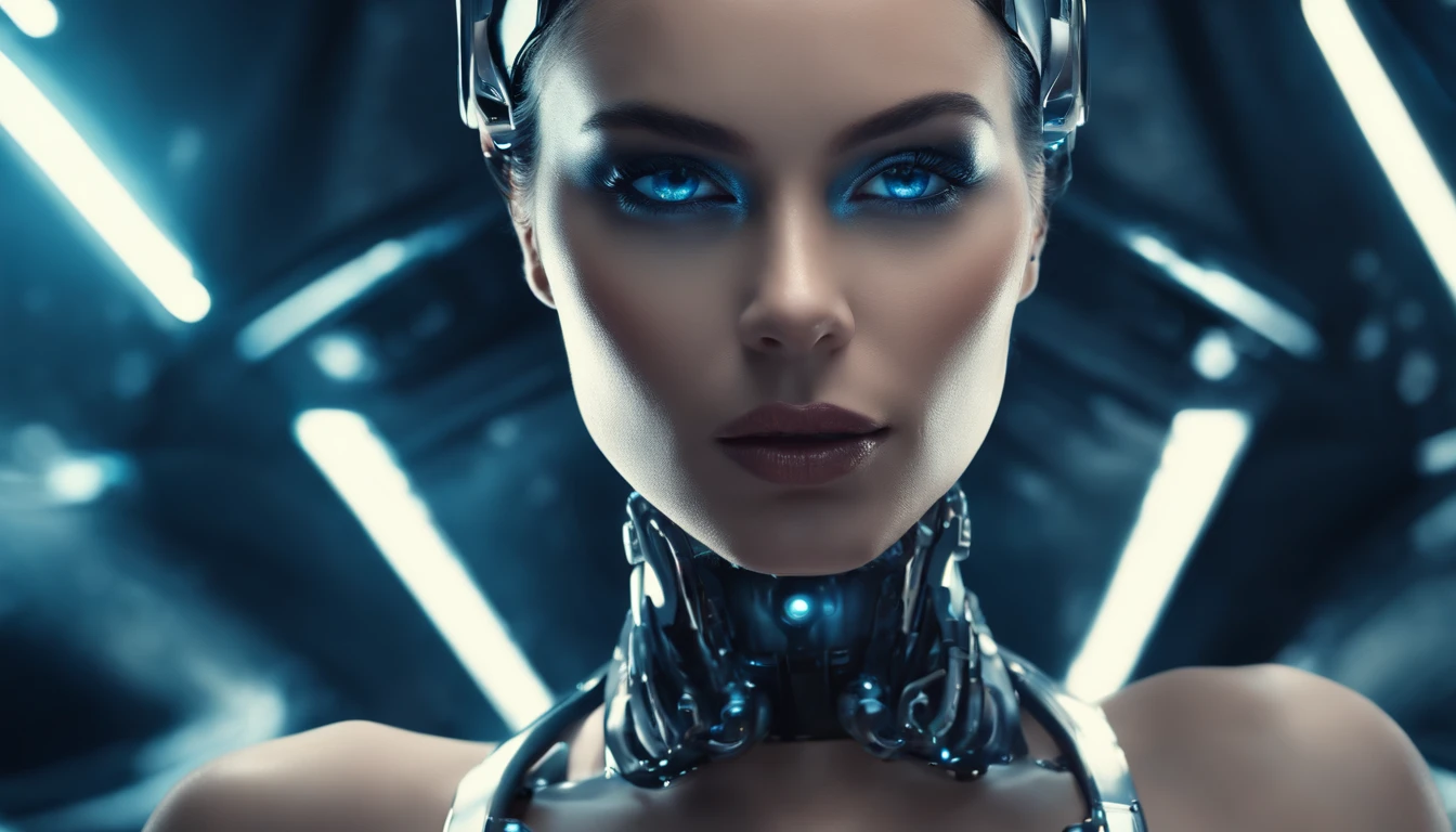(best quality,ultra-detailed,highres,masterpiece:1.2),portrait,nighttime,garage,robot woman,science fiction,blue color tone,soft lighting,detailed metallic texture,glowing neon lights,sparkling stars in the background,sleek and futuristic design,eye-catching composition,strong contrast between light and shadow,expressive facial expression,emphasized on the woman's eyes and lips,shiny glossy finish,subtle smoke and steam effects,technological elements integrated into the surroundings,meticulous attention to detail in the robot woman's face and body,hint of mystery and intrigue,ominous atmosphere but with a sense of beauty and sophistication,captivating and immersive artwork.
