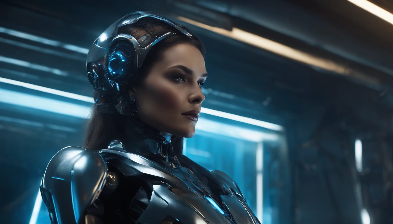 (best quality,ultra-detailed,highres,masterpiece:1.2),portrait,nighttime,garage,robot woman,science fiction,blue color tone,soft lighting,detailed metallic texture,glowing neon lights,sparkling stars in the background,sleek and futuristic design,eye-catching composition,strong contrast between light and shadow,expressive facial expression,emphasized on the woman's eyes and lips,shiny glossy finish,subtle smoke and steam effects,technological elements integrated into the surroundings,meticulous attention to detail in the robot woman's face and body,hint of mystery and intrigue,ominous atmosphere but with a sense of beauty and sophistication,captivating and immersive artwork.