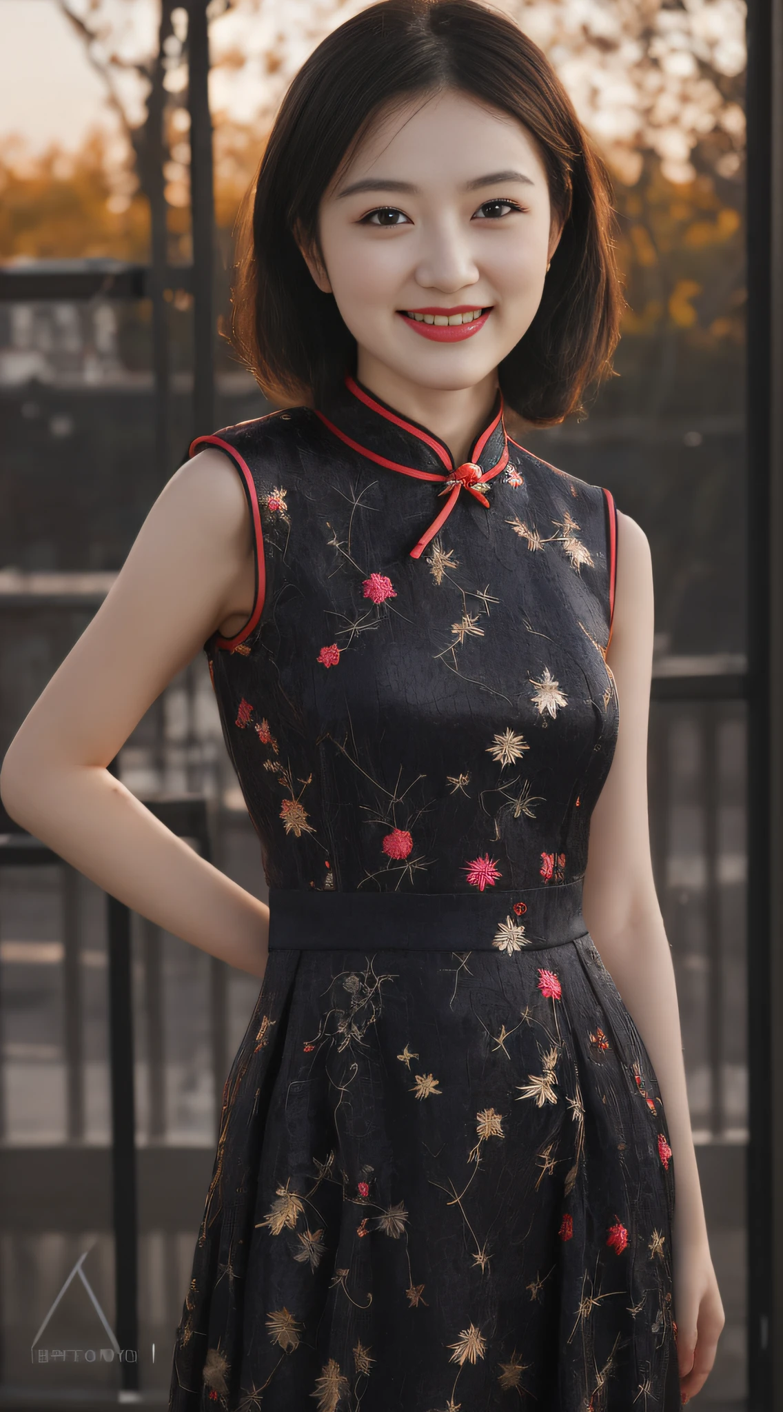 Gorgeous Chinese cheongsam, Republican style, Pink embroidered cheongsam, ChineseGirl, 1girll, （18yr old），mid hair, Black hair, curly_Hair，Wear high heels，standing on your feet，in fall, Sunset, Golden hour lighting, Background bokeh，beautiful night scene, Beautiful detailed eyes, Light smile, Brown eyes, Medium breasts, Masterpiece, Best quality，8K，super detailing，ultra-detailliert，Light and shadow tracking