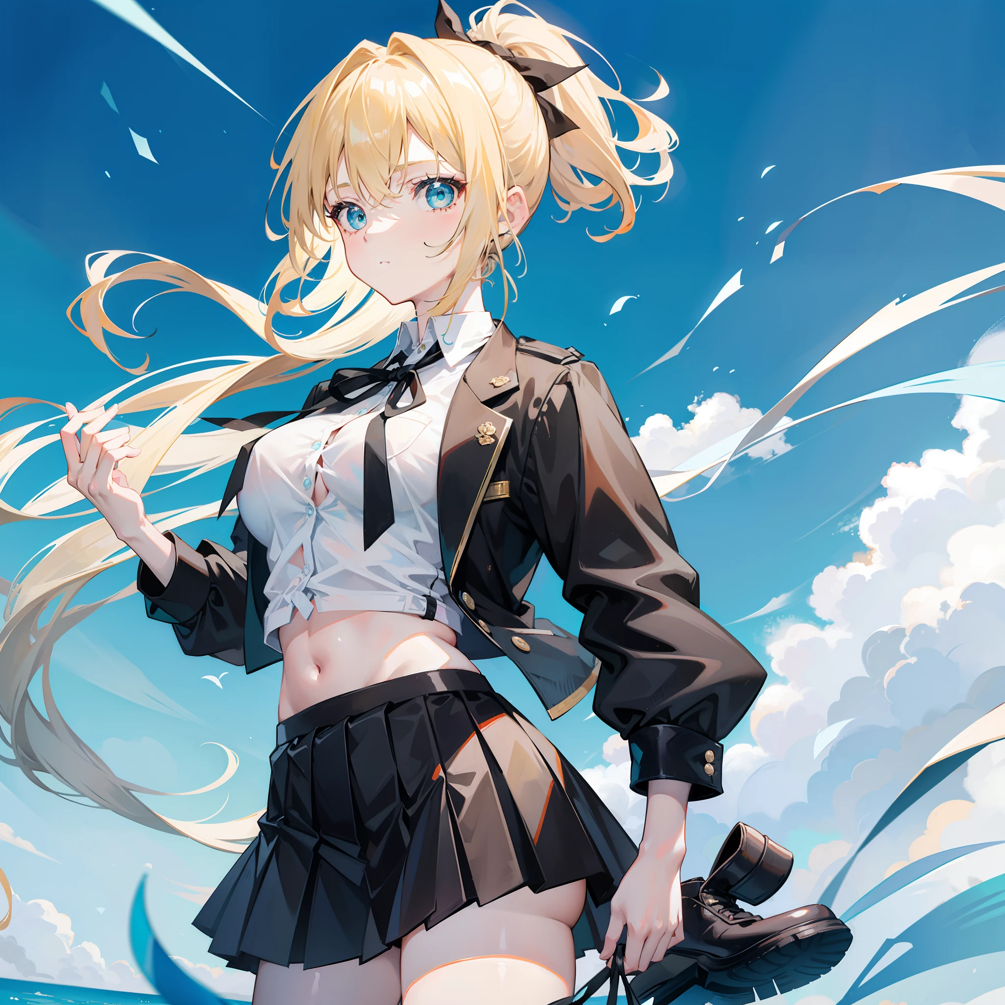 18 year old woman with golden hair, turquoise eyes, pony tail hair tied in a black bow in the back. Wearing a school uniform and a short skirt, she was embarrassed.