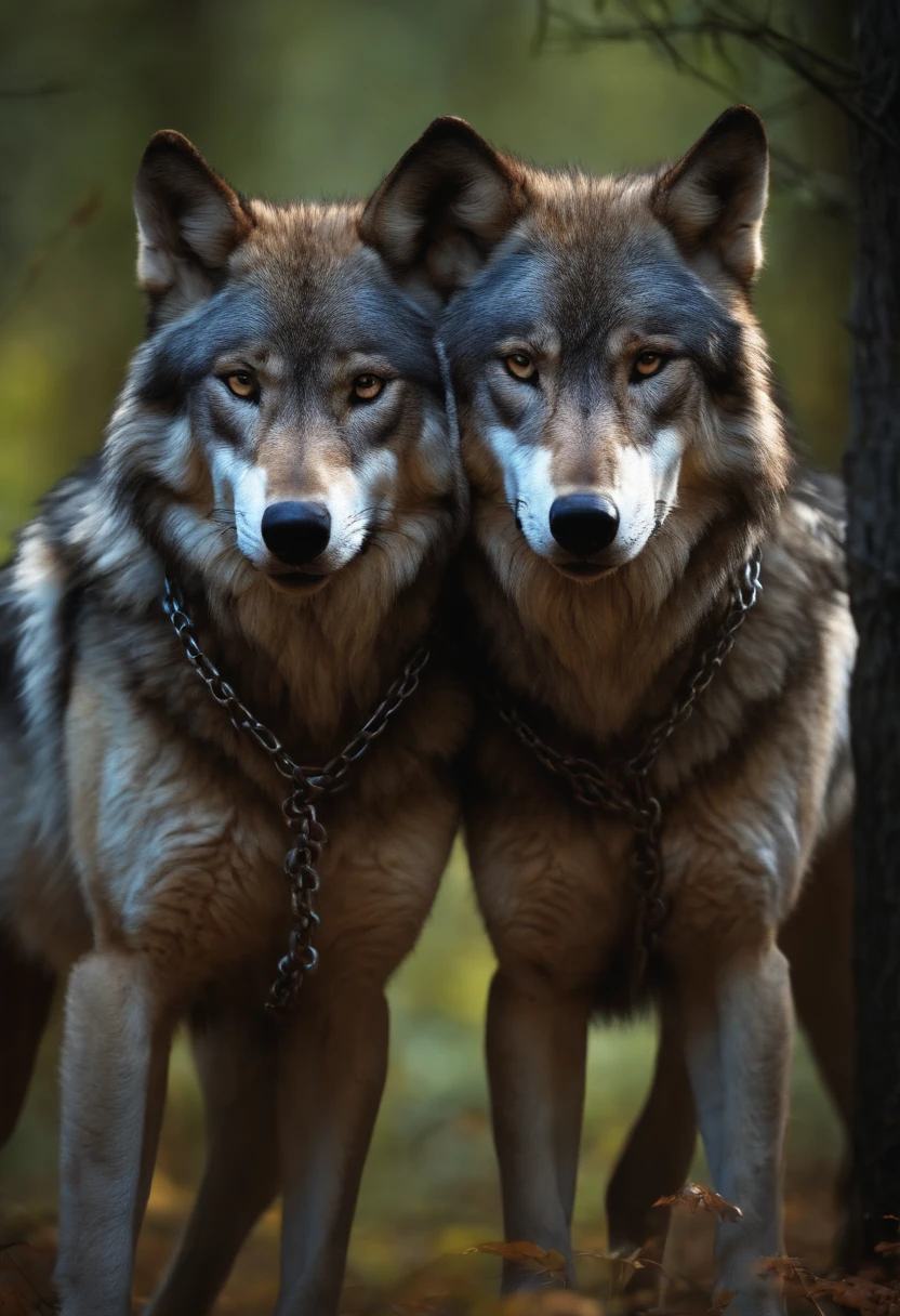 two-headed mytological wolf held together by chains, realistic