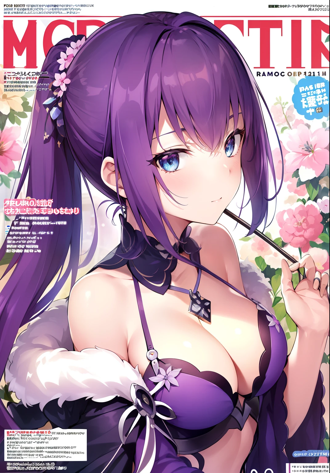 (masuter piece,Best Quality,Ultra-detailed), (A detailed face), 1girl in, (front-facing view), Purple hair, Blue eyes, caster, Floral hair ornament, Middle chest,(Beautiful Detail Eye: 1.1), (Detailed hand), (Detail light: 1.1), Film Light, Skin type, (looking at the viewers), (magazine:1.3), (cover-style:1.3),a closeup,portlate,Vivid tones,majutsu, magic wands