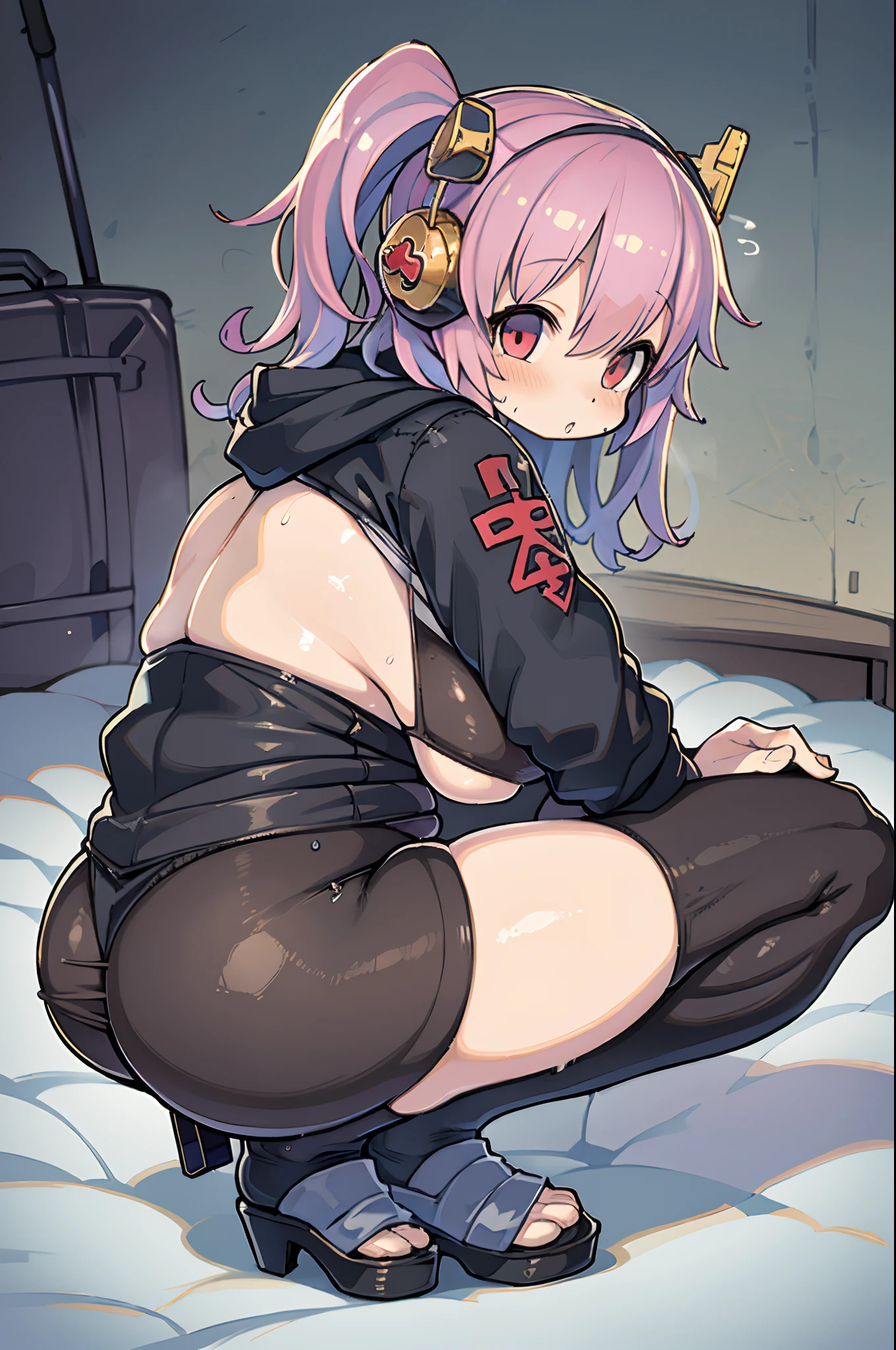 Anime girl sitting on bed on suitcase background, the anime girl is crouching, Female protagonist 👀 :8, beautiful anime girl squatting, from girls frontline, Seductive anime dick girl, a female anime character, Anime. Soft lighting, 4k anime wallpaper, guweiz on pixiv artstation, badass anime 8 K, Rin,bbw、thick thight、big butts、Ultramammy