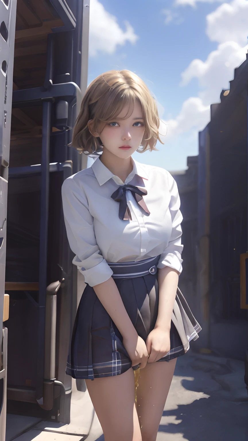 top-quality、masterpiece、1 girl in、Standing、embarrassed from、Blushing、Keep your mouth shut、a street(Girl is peeing):0.4)、Open legs、hi-school girl、校服、plump big breasts、Constricted waist、White blouses、pleatedskirt、Medium bob hair、beautiful hair of light brown color、Light brown eyes、Summer beaches、blue open sky、white clouds、Strong daylight、