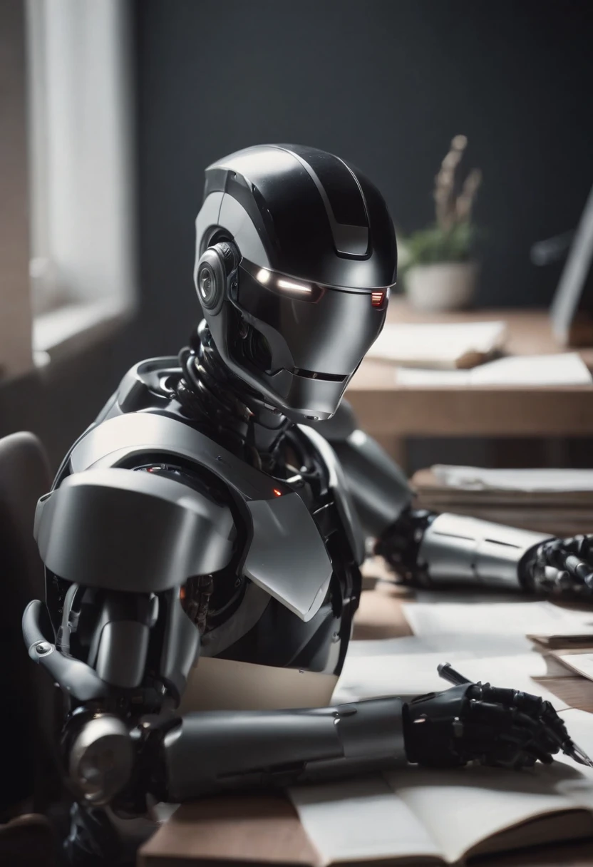 (medium full shot) of (agile robot), silver humanoid design, robotic faceplate, communication devices, set in  a state-of-the-art laboratory, with sophisticated equipment, advanced computers, sleek workstations, during the day, ,Masterpiece,best quality, raw photo, realistic, very aesthetic, dark
