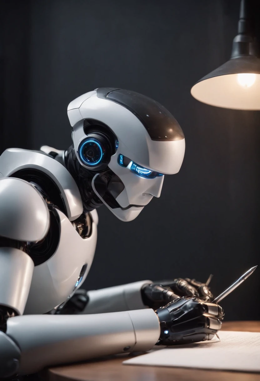 A futuristic robot, sitting at a desk with a pen in his hand, escrevendo no livro, na sala com livros, wide vision, ultra realista, altamente detalhado, pintura digital, arte conceitual, suave, foco nítido, tiro grande angular