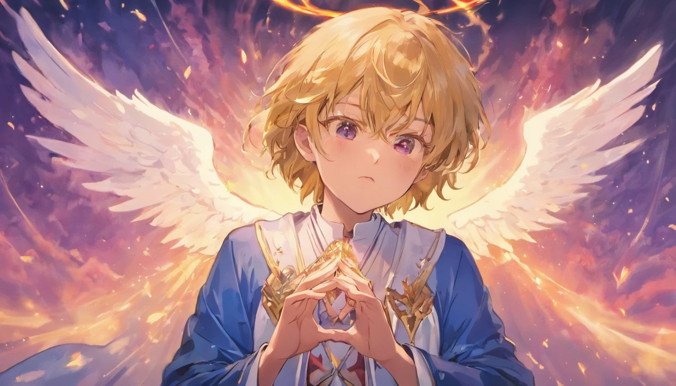 Closeup of an image of a man angel praying and blessing, arcanjo homem com asas grandes, o anjo da fortuna, perfeito, Reslistic, Biblical setting, celestial scenery, sol e nuvens ultras realistas, flores e velas, illuminated archangel of heaven, Passes em segundo plano, flores coloridas, velas acesas