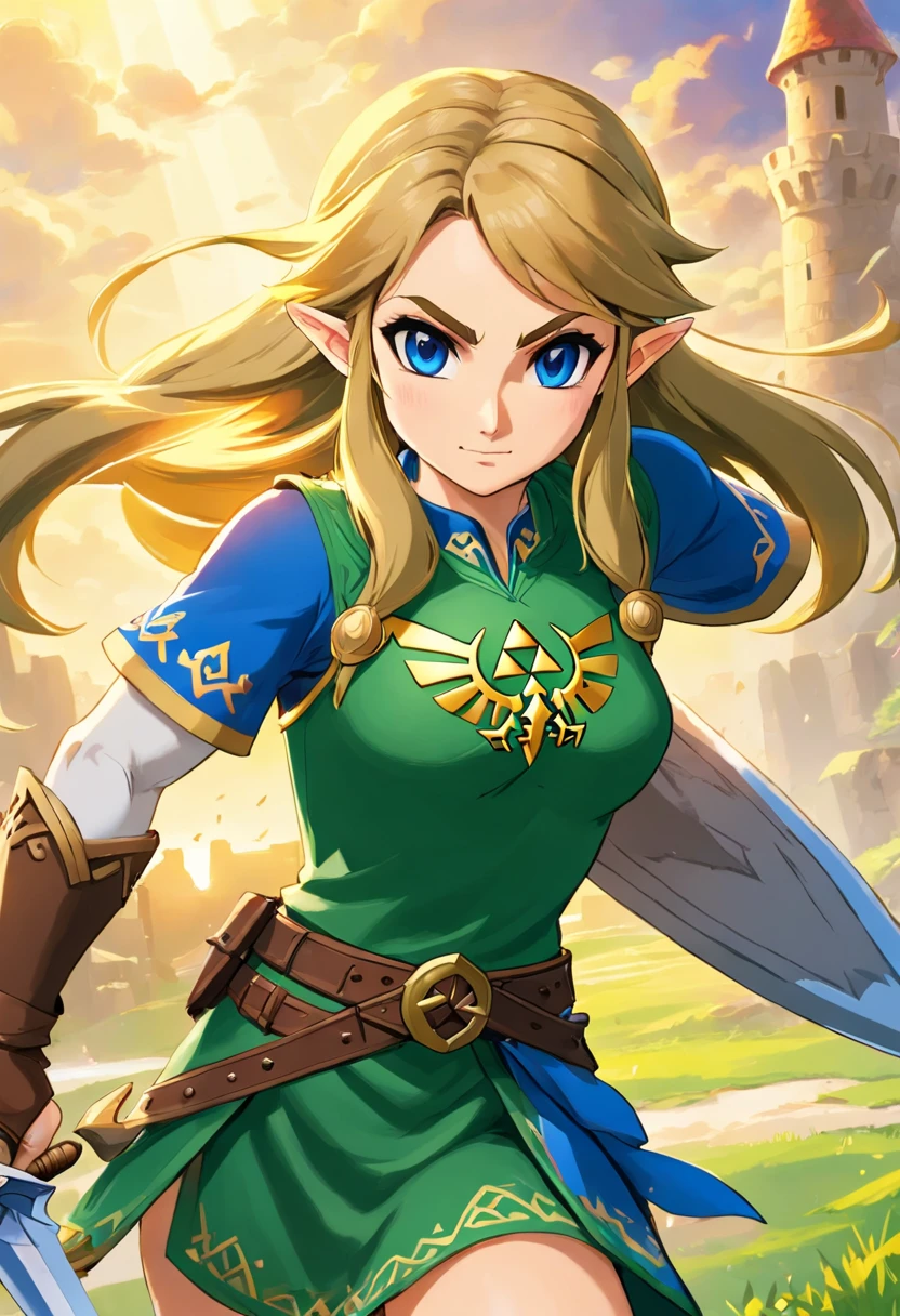 "(best quality,highres,photorealistic:1.37),ultra-detailed,Zelda comics,woman,warrior,full armor,ready for action,beautiful detailed eyes,detailed lips,strong and confident posture,strong and muscular legs,fierce expression,flowing hair,elaborate armor design,shimmering metallic textures,dynamic background,explosive action,battlefield,stormy skies,dramatic lighting,vibrant colors"