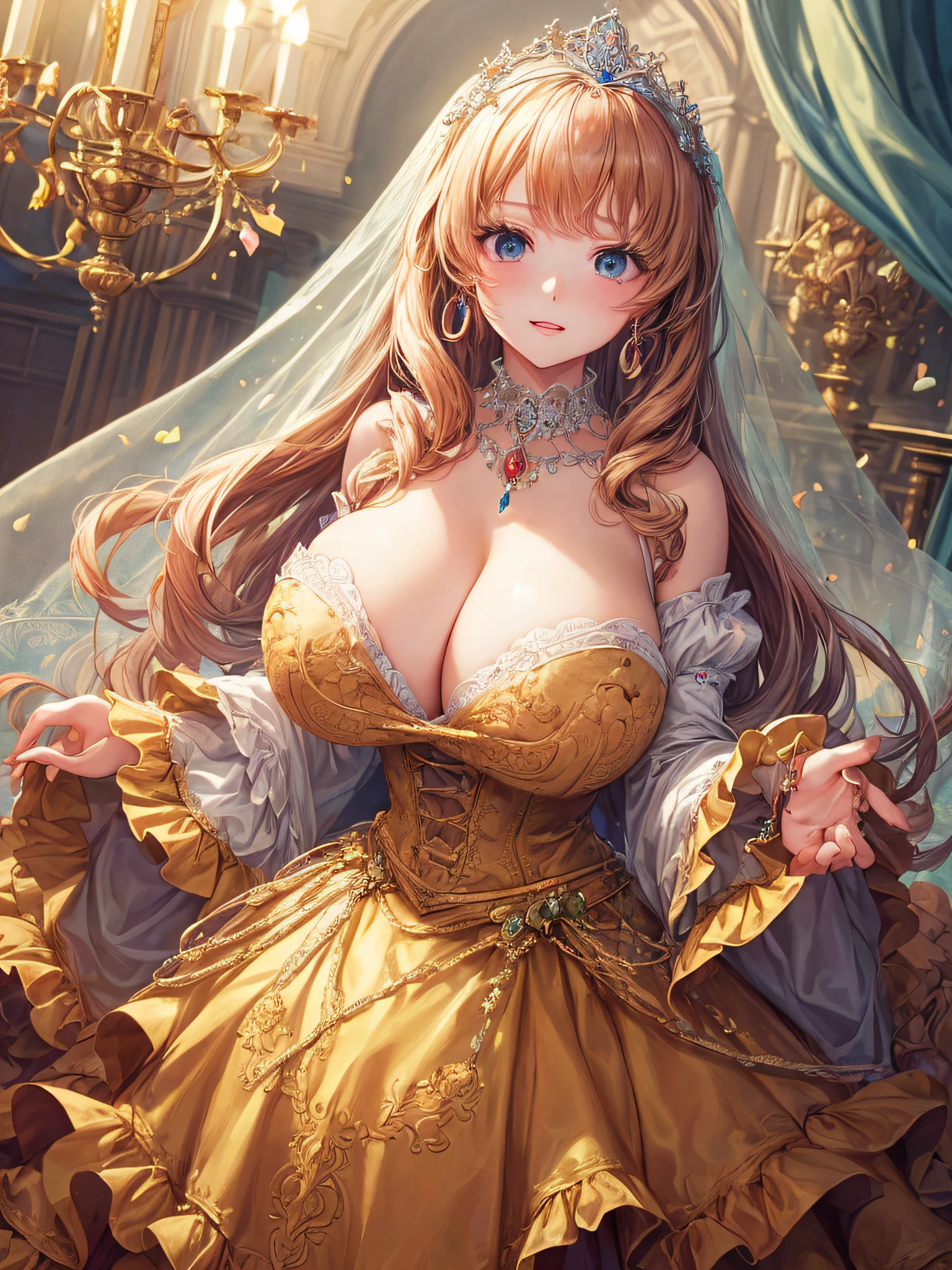 (masterpiece, best quality,extremely detailed:1.1),(moe anime art style:1.2),1girl,((full body,focus face)),((solo)), cute, kawaii,digital art,((1 gorgeous anime princess wearing beautiful embroidery and jeweled ruffled gorgeous princess rococo ballgown with voluminous full length hoop skirt)),((crinoline)),long train,voluminous frills,(gorgeous embroidery and beautiful lace),((very gigantic boobs,skindentation)),cleavage,shiny hair,(((very long hair,large amount of straight hair))),((finely detailed face and eyes)),clear pupil,extremely gorgeousfull hair ornament,(bling-bling jeweled extremely gorgeousfull tiara),(bling-bling gorgeous gemstone jewelry),long veil,beautiful background,fantasy background,flowers,flower petals flowing,full body,((beautiful embroidery and jeweled ruffled gorgeous princess rococo ballgown with voluminous full length hoop skirt))
