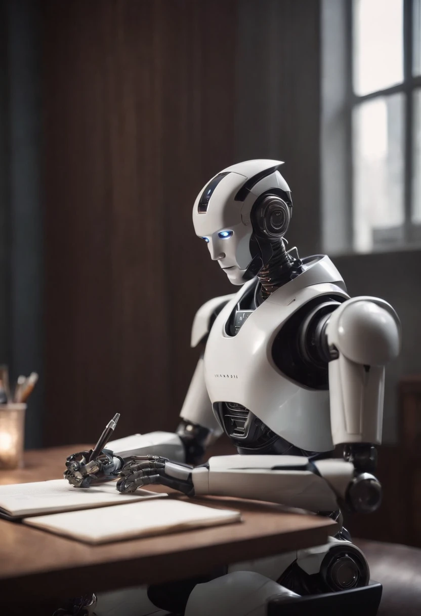 A futuristic robot, sitting at a desk with a pen in his hand, escrevendo no livro, na sala com livros, wide vision, ultra realista, altamente detalhado, pintura digital, arte conceitual, suave, foco nítido, tiro grande angular