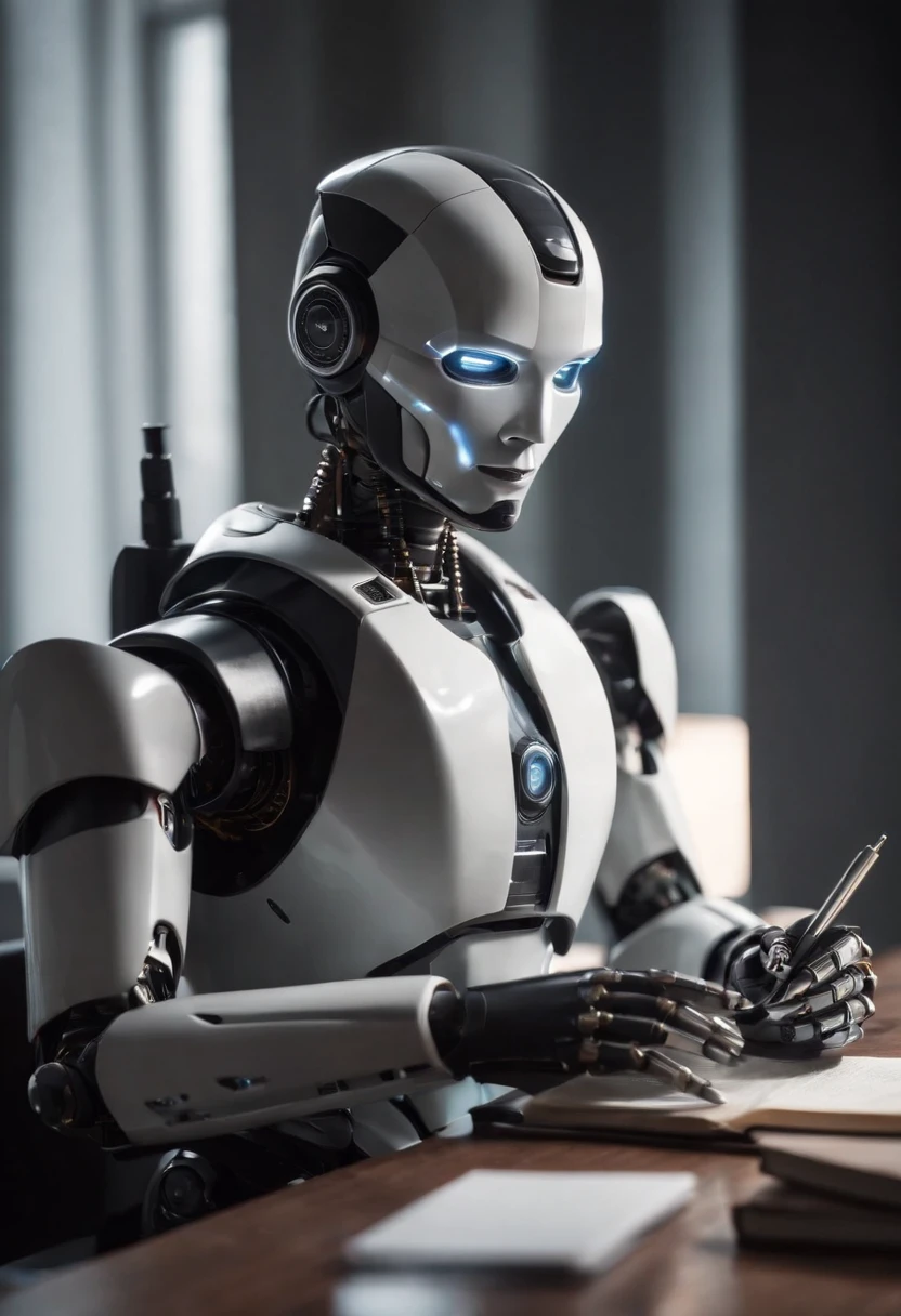 A beautiful robot with a body with a head, stomach, arms and legs, but of a robot that will look like a transparent machine. The entire body and head of the robot is made of molded plastic and wires and a few irons. The robot is standing next to the computer and finishes drawing a very beautiful picture with a brush on the computer screen, so that the computer screen basically becomes the robot's drawing board, the robot is already tired and yawning from exhaustion, on the side sits an ultra-Orthodox Jewish man with a short and impressive beard without a suit and without a hat with a black cap, the man Sitting on a fancy office chair, looking with pleasure and satisfaction at the robot, on the side of the computer table there are two used coffee cups and a third half-full cup, the man touches the third half-full cup with one hand, the image is realistic and creates an amazing optical sensation, and everything is inside a luxurious office