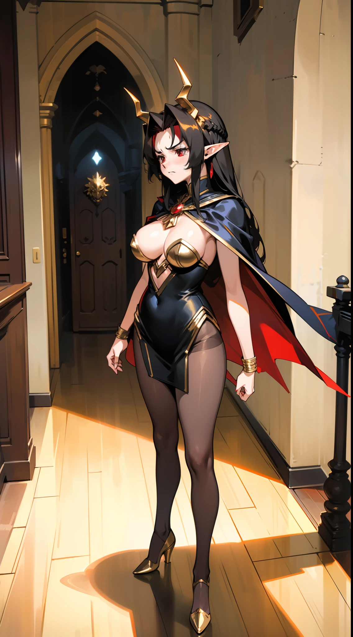 1woman,40s,solo,angry face,golden and black short dress,medium tits,black hair,long hair,red eyes,elves ears,golden horns,pantyhose,cape,(((standing in front of a room inside a castle)))