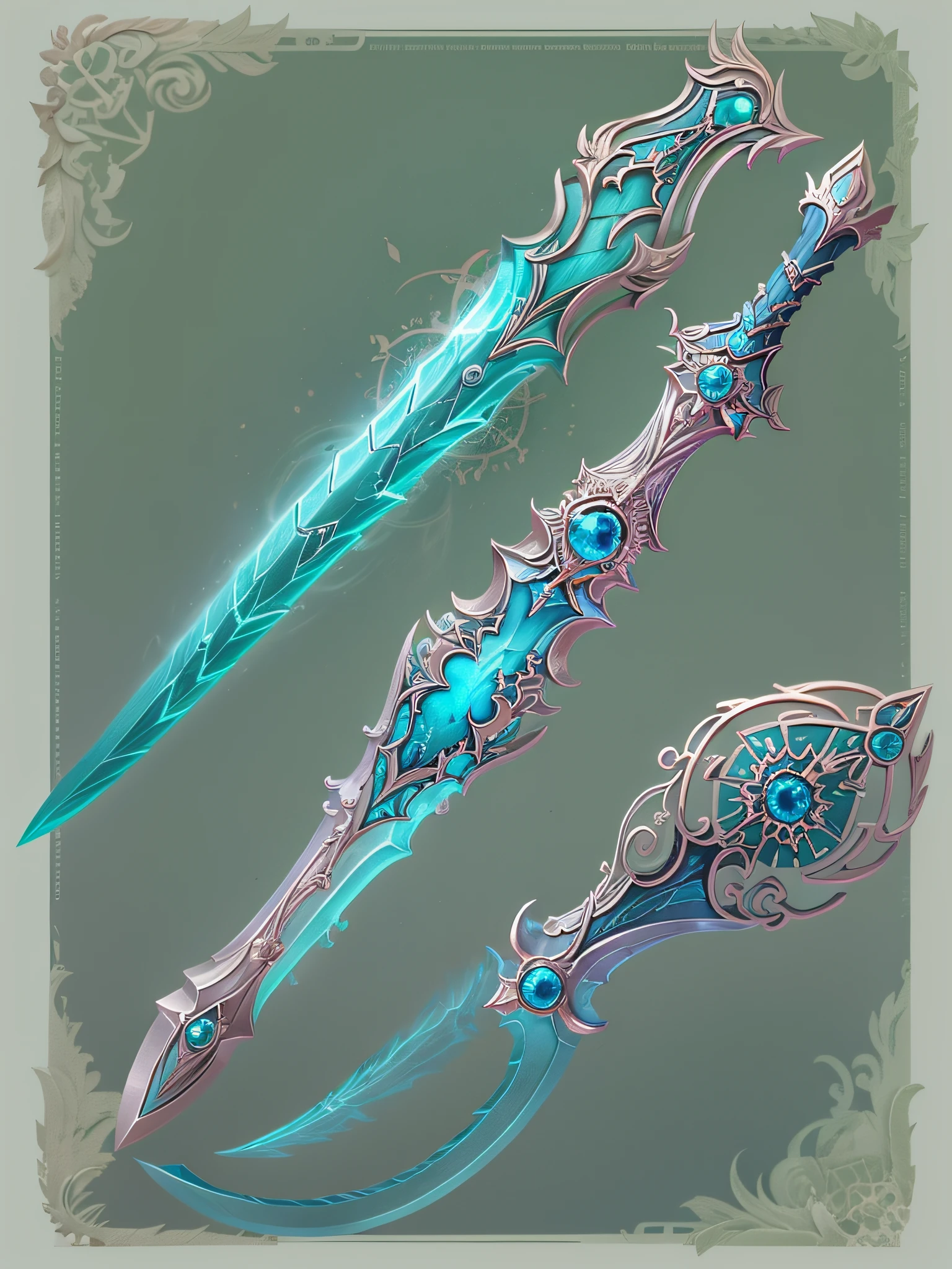 Concept art, Fantasy Elven Sword, twisted, Decorated, ornate patterns, Weaving handle, The blade is made of blue luminous mineral crystal, Trimmed with silver, subject, 1weapon