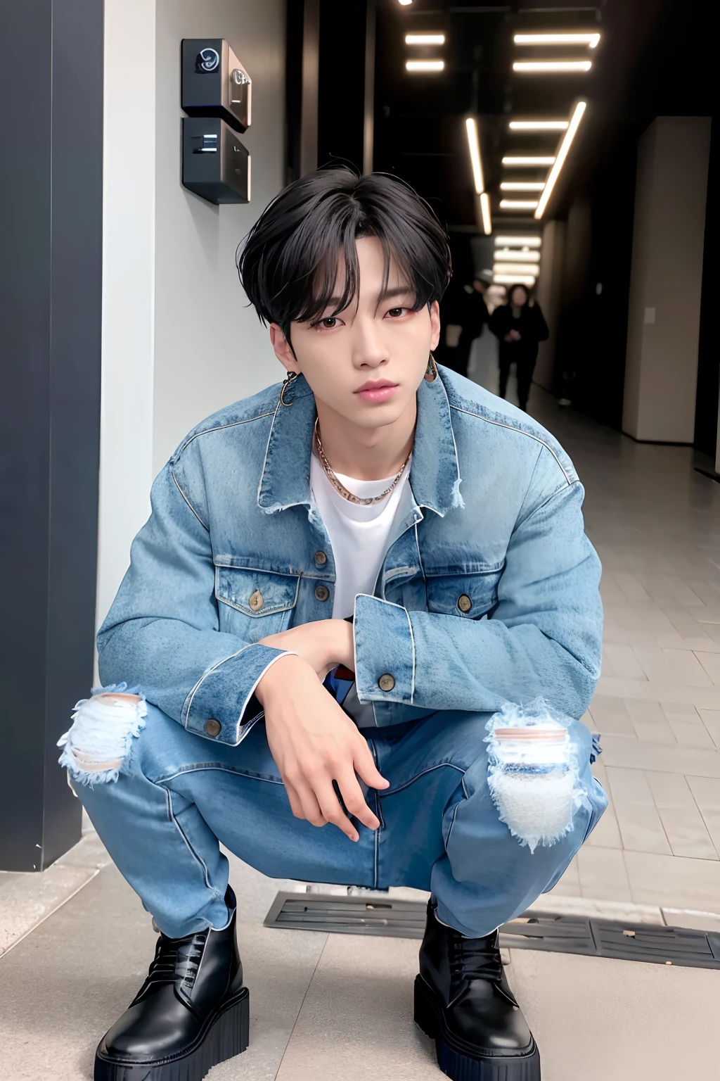 Photo of a person in a denim jacket and necklace squatting, jungkook, Hyuntae, portrait of jossi of blackpink, taejune kim, Cai Xukun's, key still, BTS, Kim Do-yeon, Photo Shot, taken in the early 2020s, jimin, ten lee, portrait of kpop idol, nffsw, Human texture, Human hair, 1Men of men, 二重まぶた, Cool Men, 26 year old, Hair more realistic