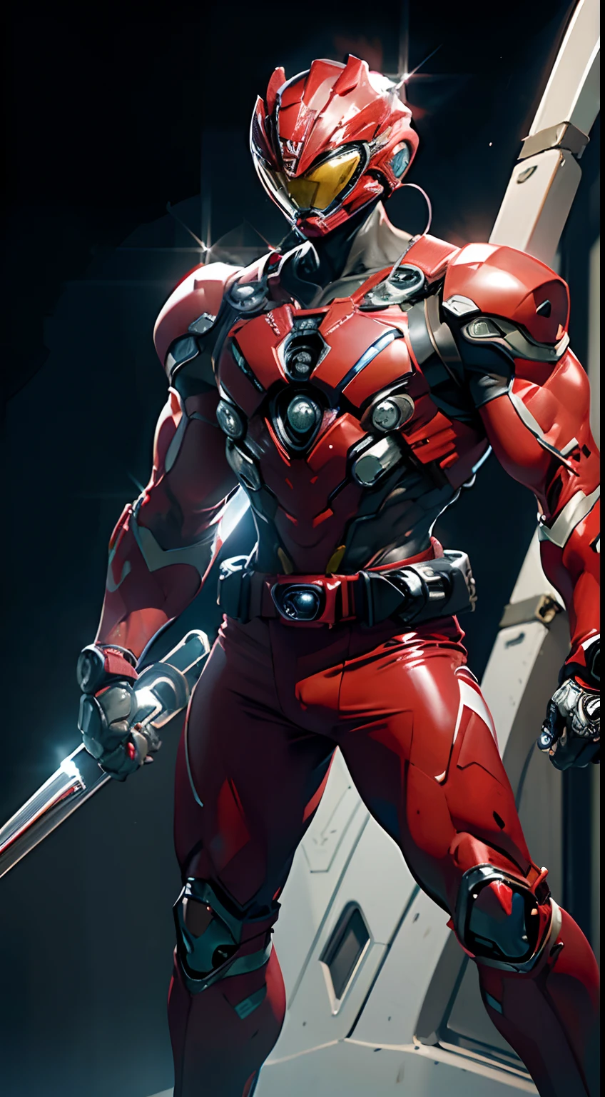 ((power rangers)), One guy、 Red costume, Solo, ((Slim figure)), (Anatomically correct), Cowboy shot, masked face, (Red composite tracksuit), (Well-designed hero set), Suitable for complex production lines, Thin one-piece influencer suit, Long leather gloves to white elbows,,,,, The arm sleeve is made of hard material, White leather boots, Wearing a full-face helmet, (White belt), (Large metal clasp), (Full body suit), (Full face helmet,No exposed face), Crystal embedded in the helmet, (Very shiny sportswear), Silk weave set, gym clothes that adhere to the body,dynamicposes