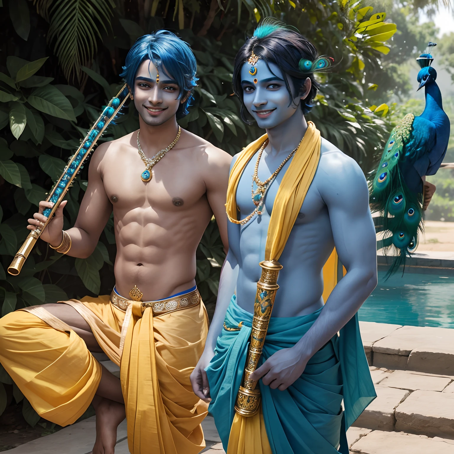 (Krishna) (charming smile) (blue skin) (peacock feather in hair) (holding flute) (yellow dhoti)