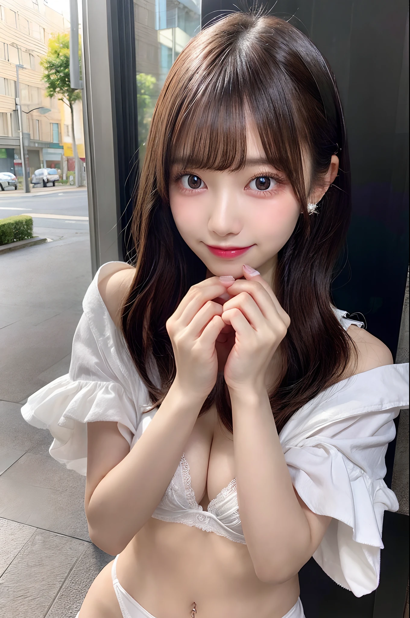 full body Esbian,Many piercings,bangss,top-quality,ultra-detailliert,​masterpiece,realisitic,Photo Real,Bright lighting,1 girl in, (kawaii:1.2),Thin smile, (Brown eyes),(bangss),perfect glossy skin,flawless skin,large full breasts,((accurate hands without incongruity)), big breasts thin waist, Look at viewers,full body Esbian,bra very,valley,maikurobikini,tits out,Eye lashes,dual,17 years old girl,a baby face,Straight hair,