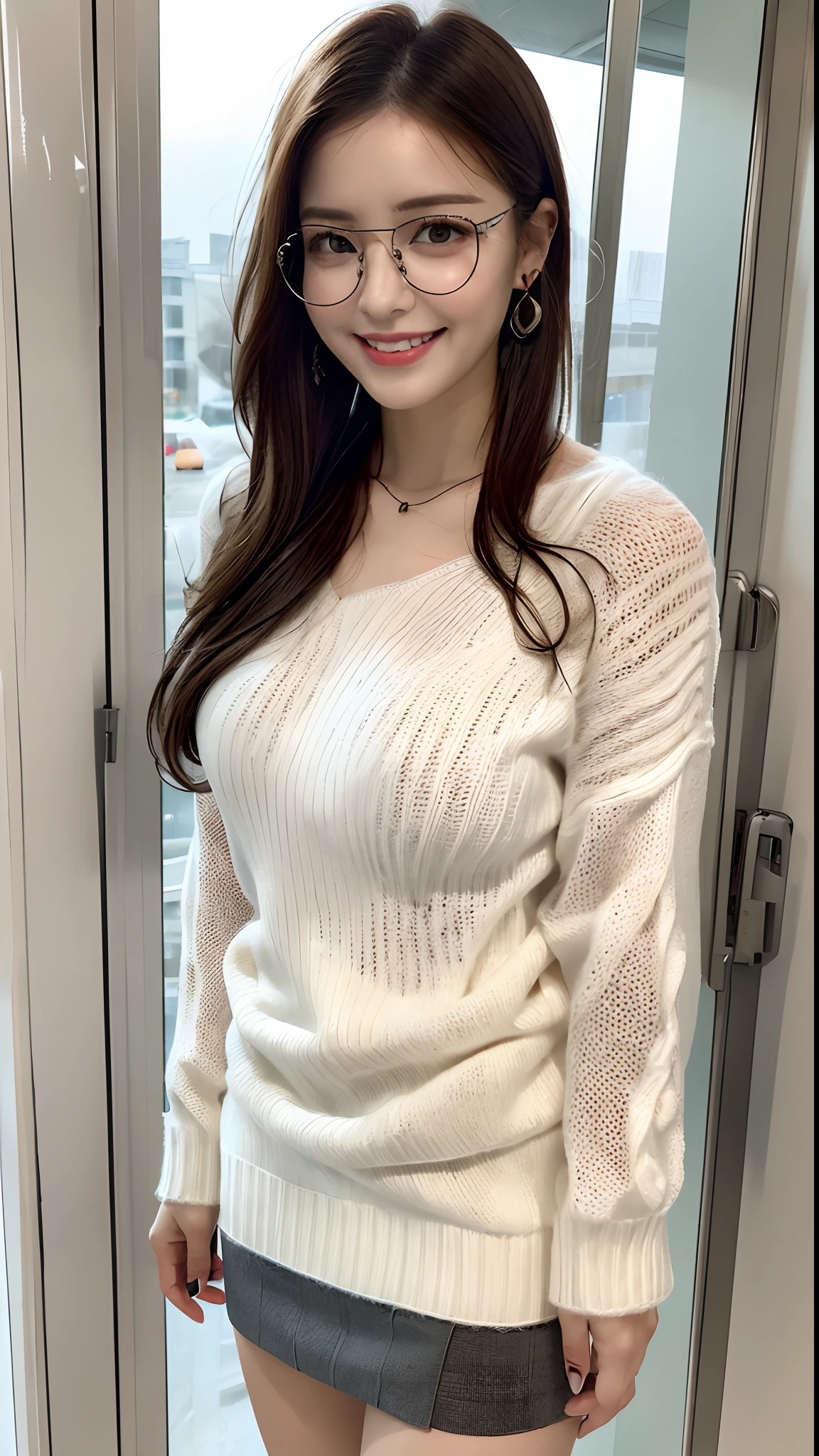 (masterpiece:1.3, high resolution, ultra detailed, 8k, realistic,), beautiful detailed face, pale skin, realistic glistening skin, detailed cloth texture, detailed hair texture, Perfect body, Beautiful Face, accurate, Anatomically correct, Highly detailed face and skin texture, natural neck length, (beautiful hands), (fair skin:1.2), Thin legs, Thin feet,
Detailed eyes, symmetric eyes, Light Brown eyes, Double eyelids, Thin eyebrows, (Glossy lips:1.4), (smile:1.2),
(A Classy and Cute girl:1.3), (1 girl, one girl), ((wearing glasses, a white sweater:1.3)), (grey mini skirt), (long boots),
(medium breasts, slender figure, abs), beautiful clavicle,
(blonde hair, wavy hair, long hair:1.2),
((Standing by the window with holding a coffee:1.2)), (Cowboy shot:1.2), (looking at the viewer), ((In the modern office)),