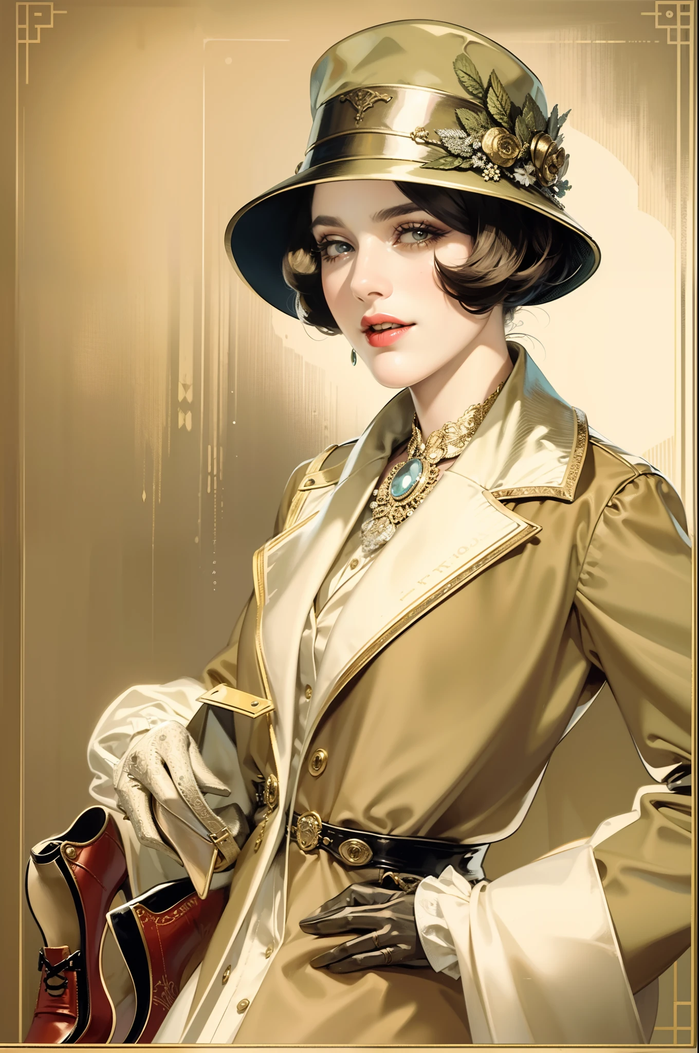 Vintage illustration,Beautiful woman wearing vintage jacket and high heels, Extraordinary temperament, 1920s fashion style, Vintage bell cap in 1920s style