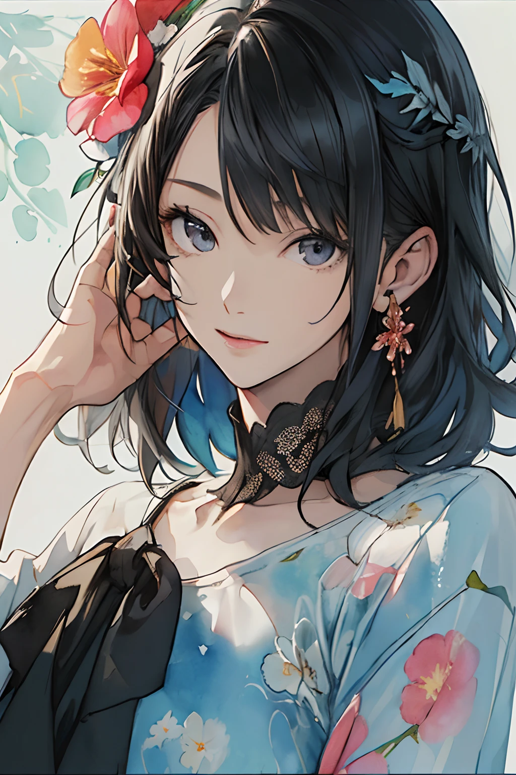 (aquarelle:1.2),1girl in,独奏,florals,portlate, (front-facing view), A dark-haired, Floral hair ornament, Middle chest,(Beautiful Detail Eye: 1.1), (Detailed hand), (Detail light: 1.1), Film Light